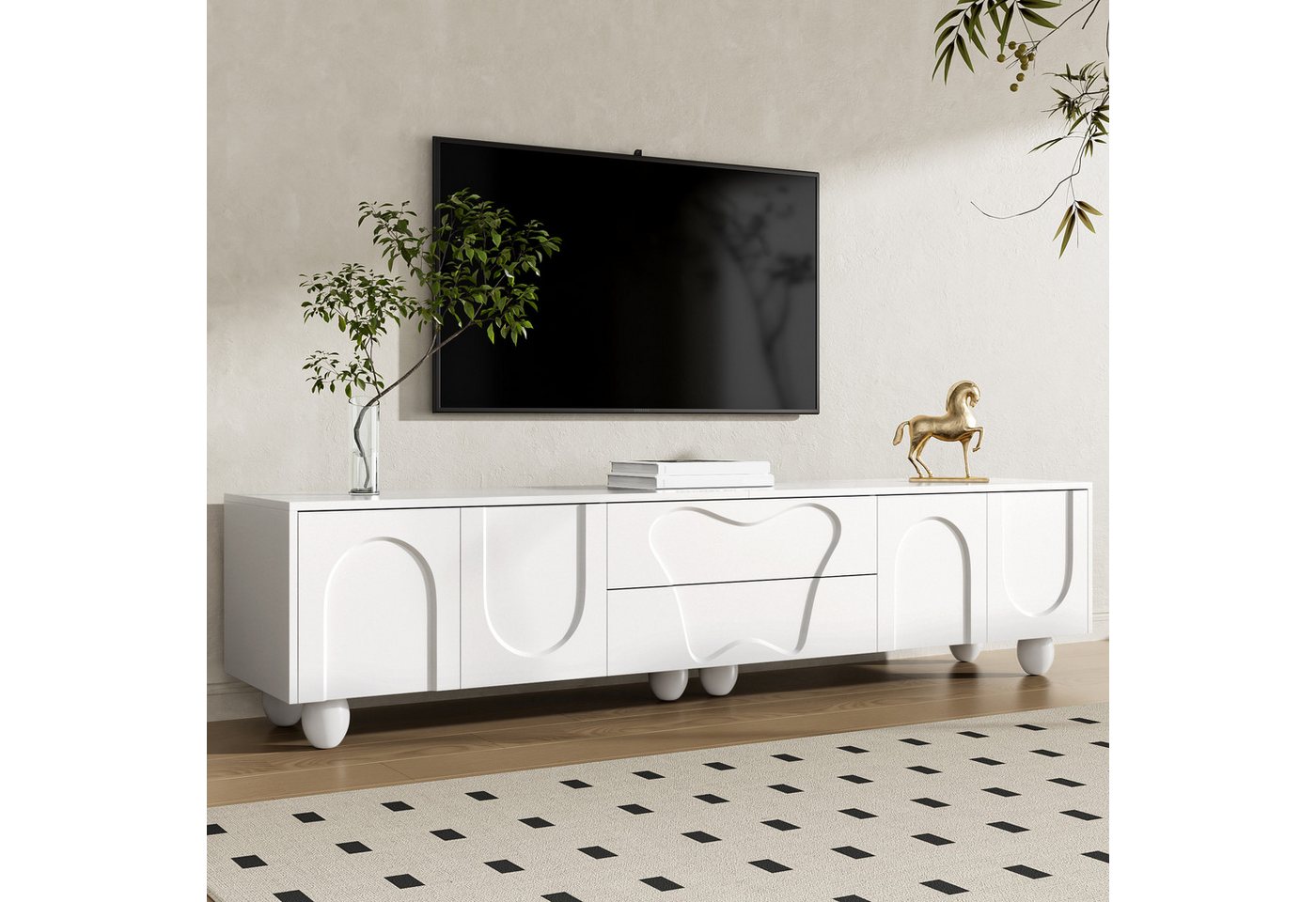 Merax Lowboard mit Holzbeinen (1 St), TV-Schrank mit 4 Türen, 2 Schubladen & reichlich Stauraum, 180x40x42cm