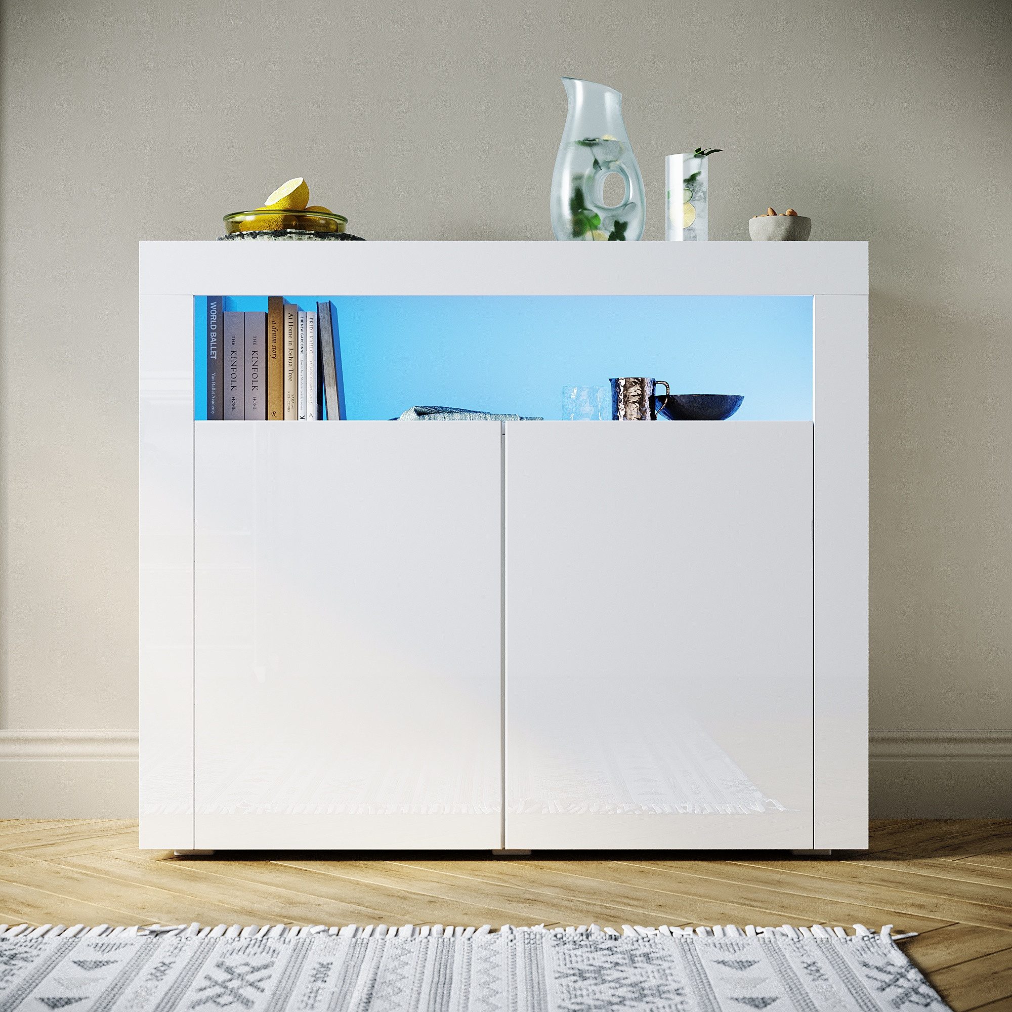 SONNI Sideboard Kommode Sideboard Breite 116cm Weiß Hochglanz mit LED-Leuch günstig online kaufen