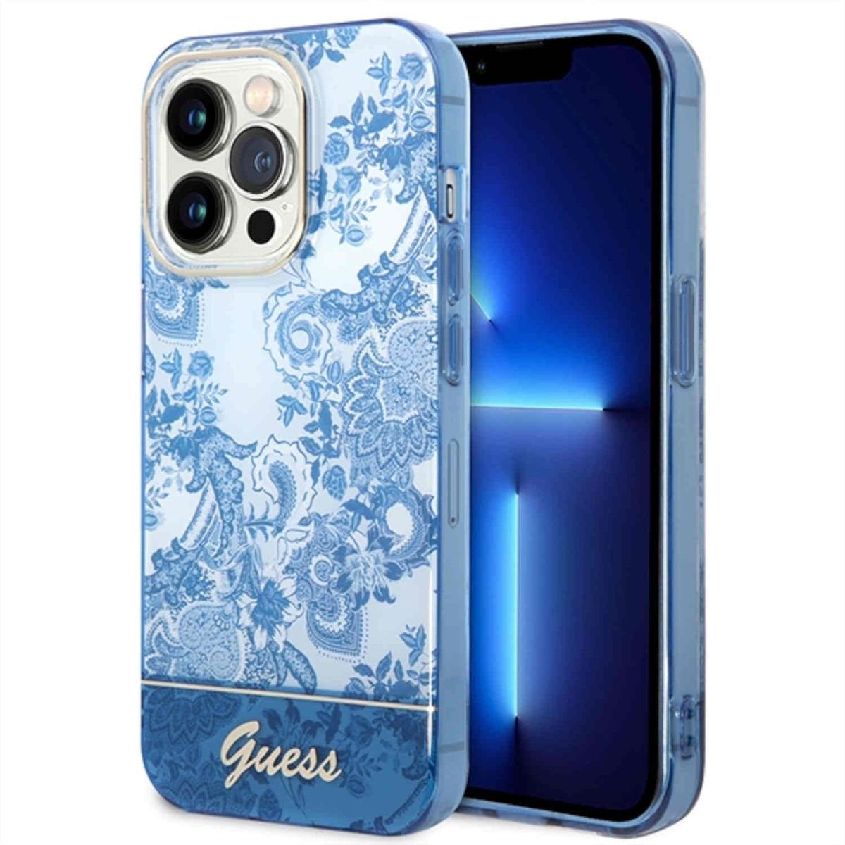 Guess Handyhülle GUESS Schutzhülle für Apple iPhone 14 Pro Cover Etui Hard Case Niebieski Blau