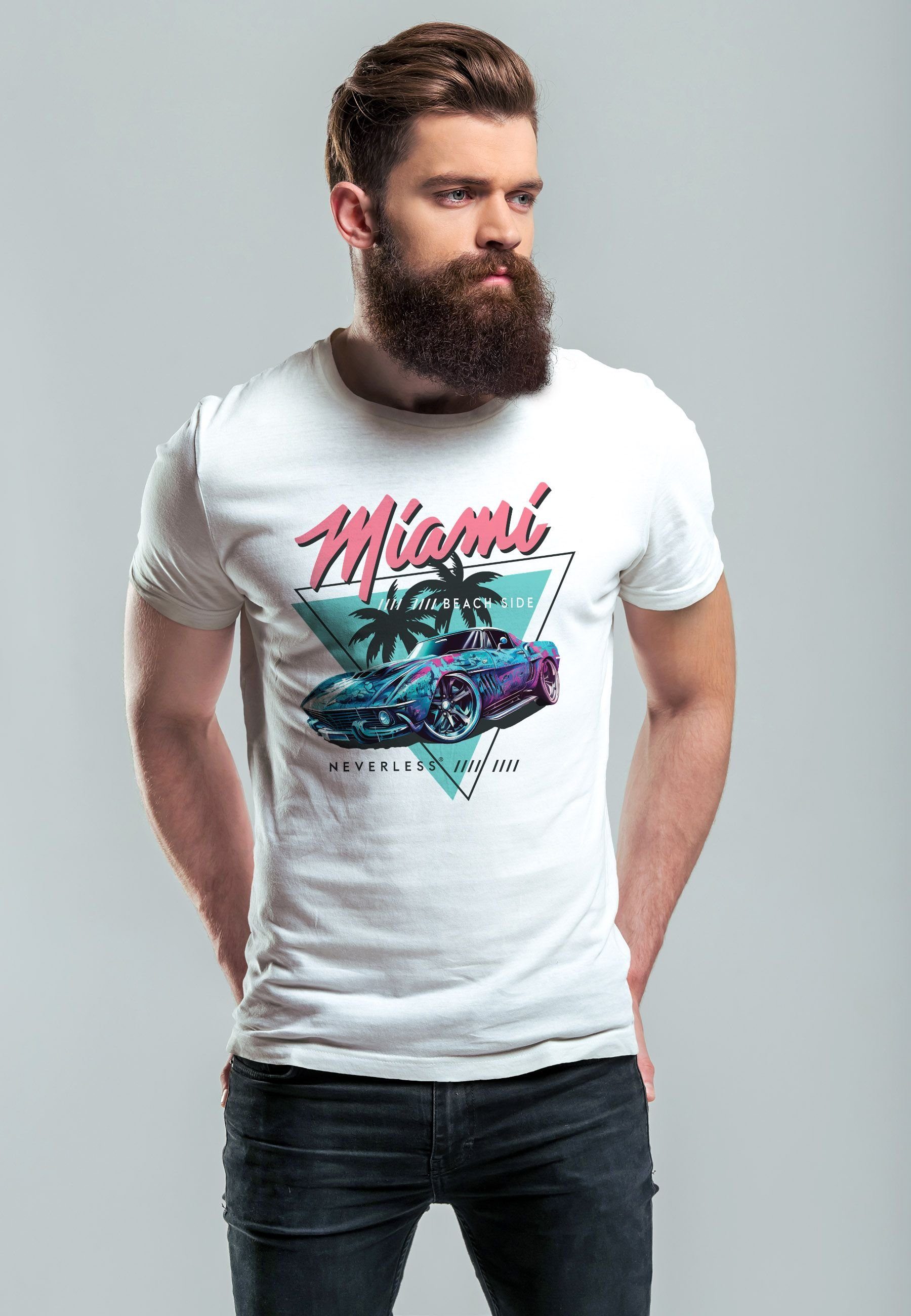 Beach mit T-Shirt Herren Surfing Print weiß Retro USA Neverless Bedruckt Miami Automobil Motiv Print-Shirt