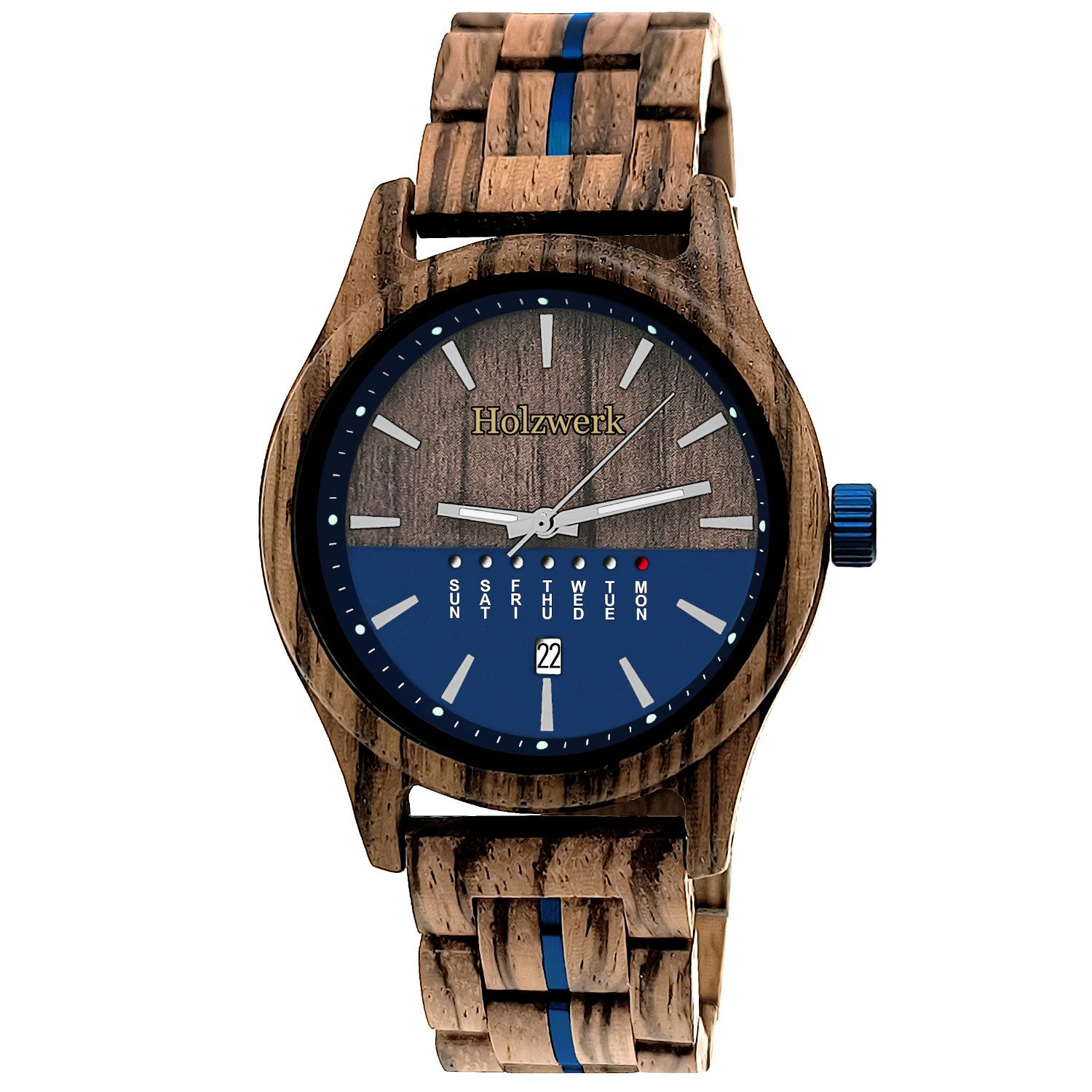 Holzwerk Quarzuhr KIEL Designer Holz Armbanduhr mit Datumsanzeige in Walnuss braun, blau KIEL