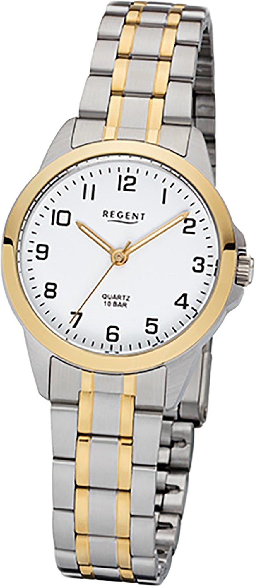 Regent Quarzuhr Regent Edelstahl Damen Uhr F-1006 Quarz, Damenuhr Edelstahlarmband silber, gold, rundes Gehäuse, klein (29mm)
