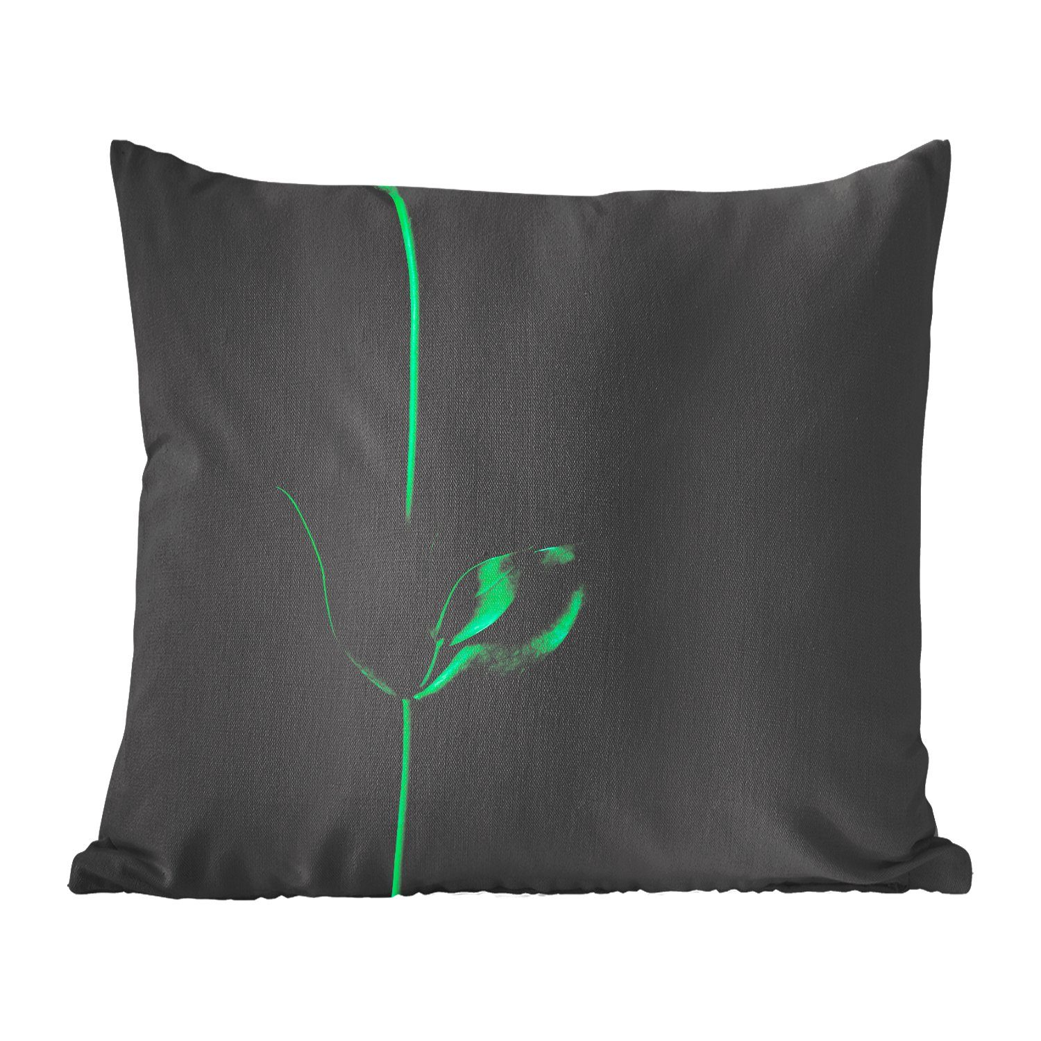 MuchoWow Dekokissen Ein grüner Stiel mit zwei Blättern auf schwarzem Hintergrund, Zierkissen mit Füllung für Wohzimmer, Schlafzimmer, Deko, Sofakissen