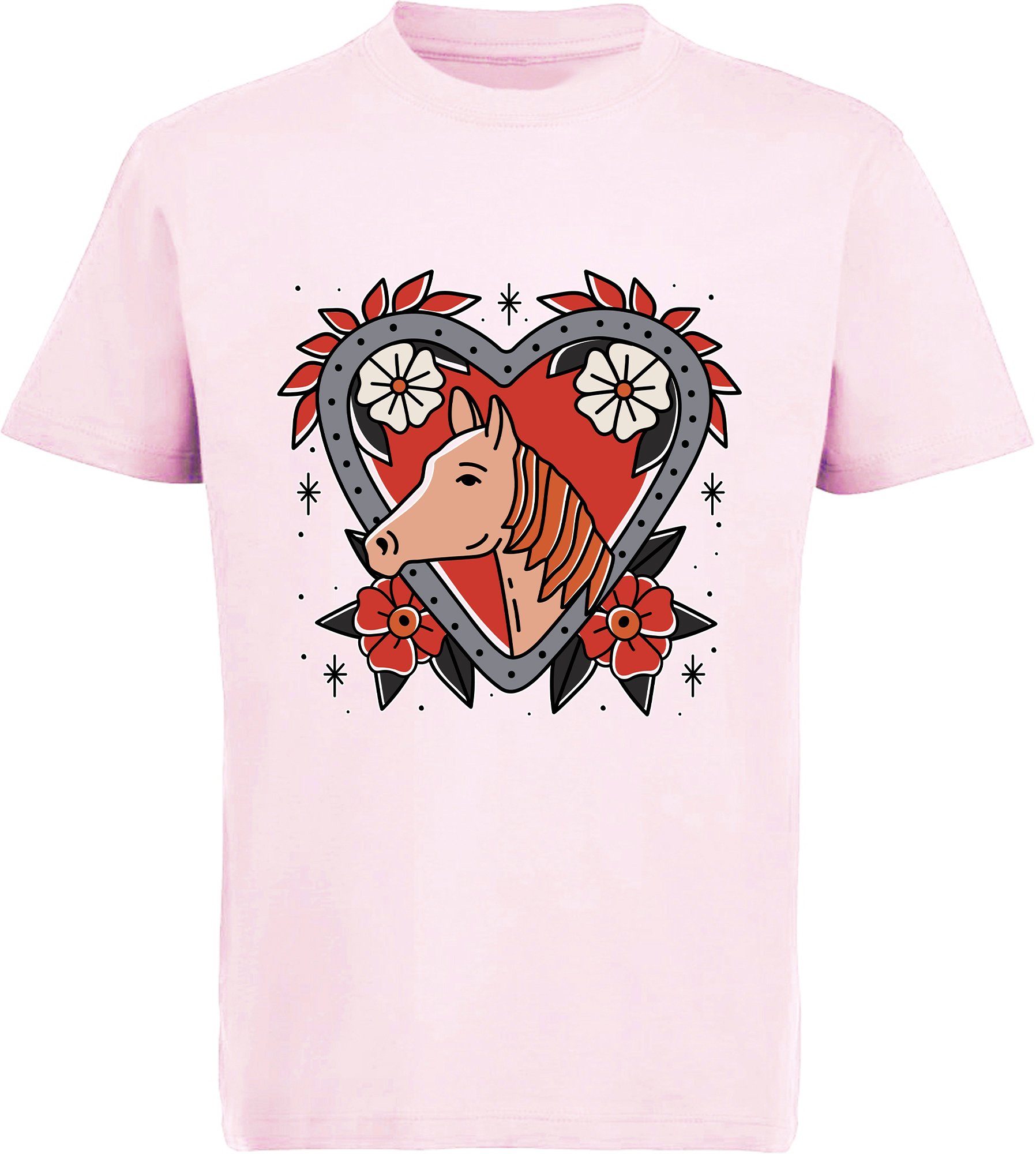 T-Shirt Aufdruck, Blumenherz MyDesign24 Baumwollshirt im bedrucktes Print-Shirt rosa, Pferd weiß, mit Mädchen i137 rot, schwarz, mit