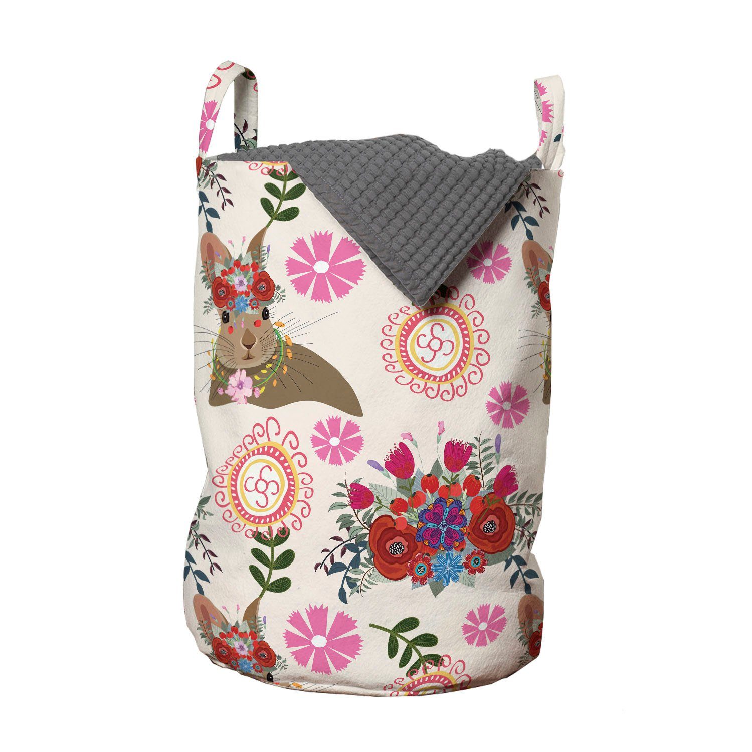 Abakuhaus Wäschesäckchen Wäschekorb mit Griffen Kordelzugverschluss für Waschsalons, Blumen Hase mit Blumenkopfschmuck