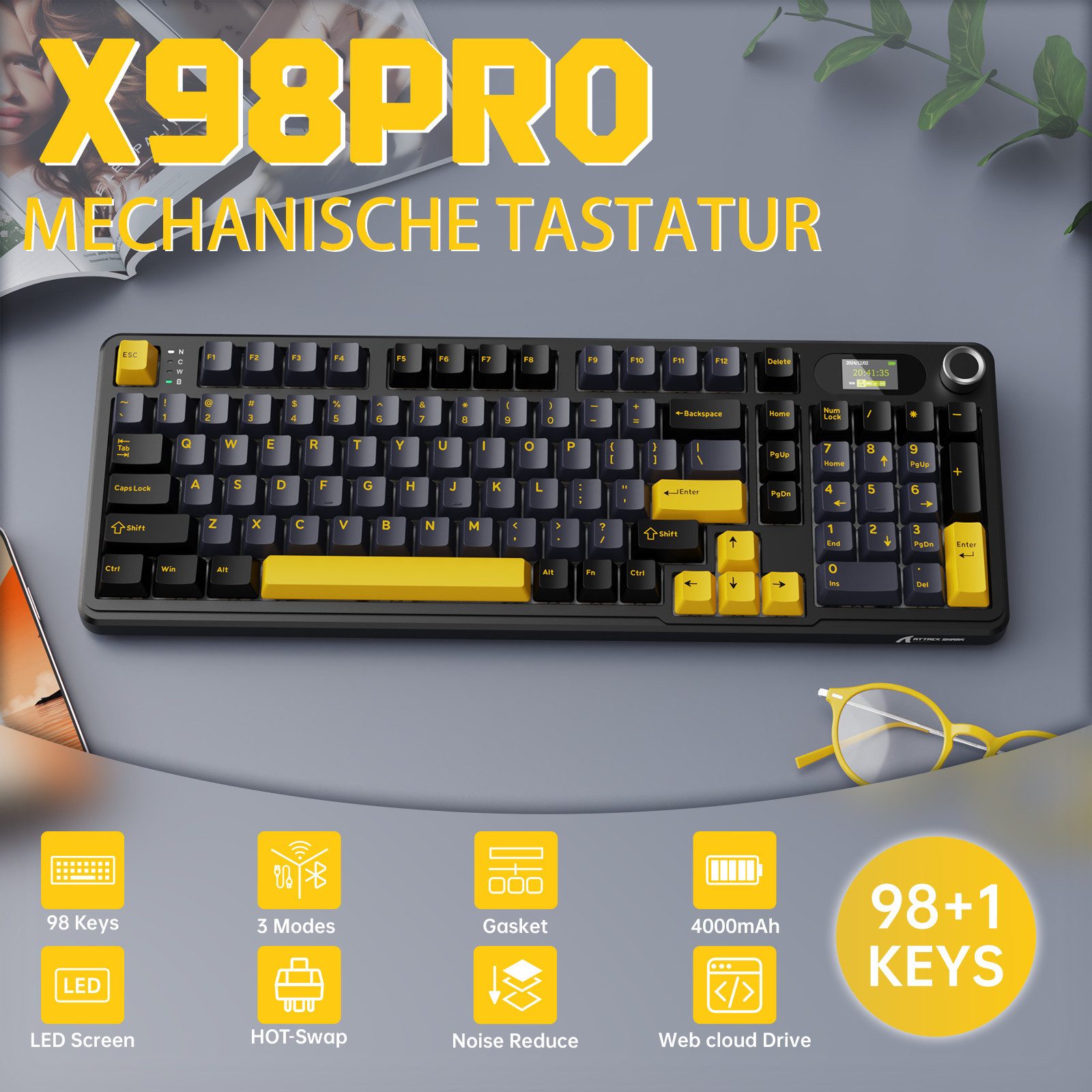 ATTACK SHARK X98PRO Tri-Mode Gasket Mechanische Gaming-Tastatur Gaming-Tastatur (LED-Farbbildschirm und CNC-Knopf,RGB,4000 mAh)