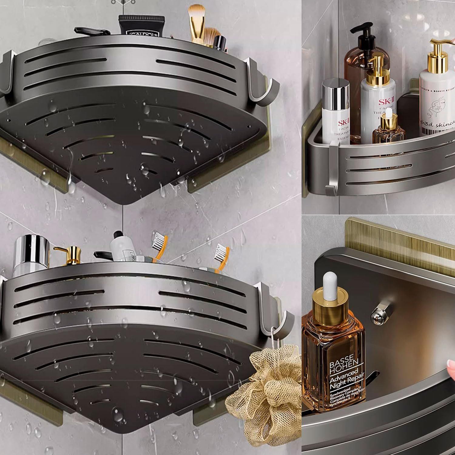 SURFOU Badregal Ecke Duschablage Ohne Bohren 2-Stück Duschregal Badezimmer Organizer, mit 4 Klebeflächen und 4 Haken 2-tlg., Rostfreier Edelstahl, für Bäder Küc – Bild 3 von 5