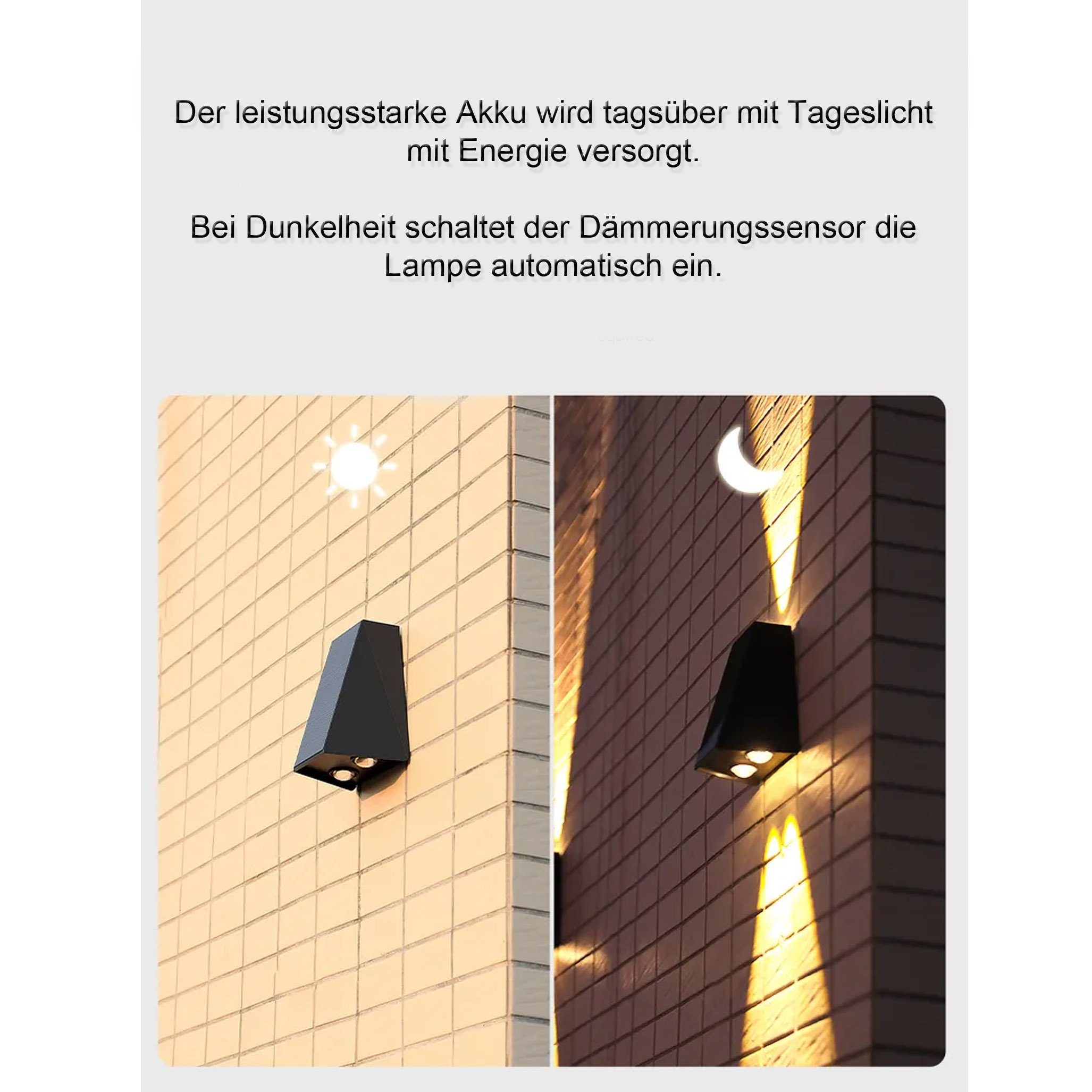 Arnusa LED Außen-Wandleuchte Solar Wandleuchte Wandstrahler Wandlampe LED UP-Down kabellos, Tageslichtsensor, LED fest integriert, Warmweiß – Bild 4 von 5