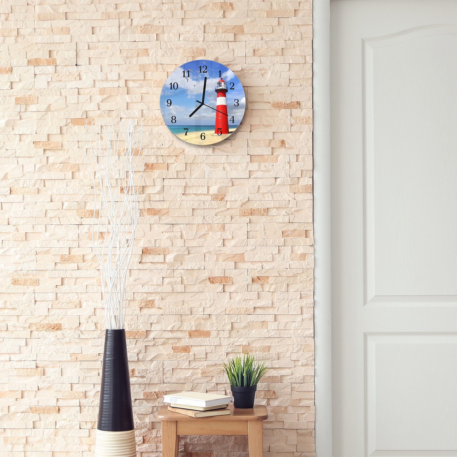 Durchmesser 30 mit mit und Glas Wanduhr mit Motiv aus Primedeco Wanduhr Leuchtturm cm Möwen - Quarzuhrwerk Rund