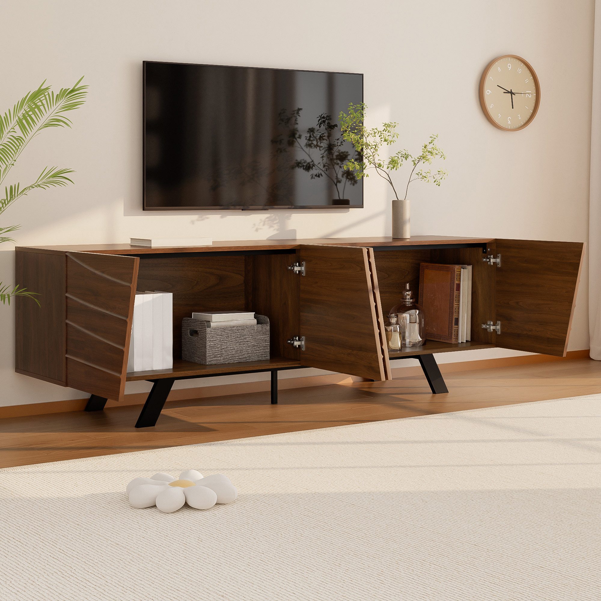MODFU Lowboard Fernsehschrank 160x50,5x39 cm mit Wellenfront und Kabelmanagement (Packung, 1 St., MDF), mit schwarzen Eisenbeinen, Kabelmanagement und Ablage