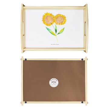 Mr. & Mrs. Panda Tablett Blume Sonnenblume - Weiß - Geschenk, Frühlings Deko, Dekotablett, Som, Echtholz lasiert, (1-tlg), Kratzfeste Oberfläche