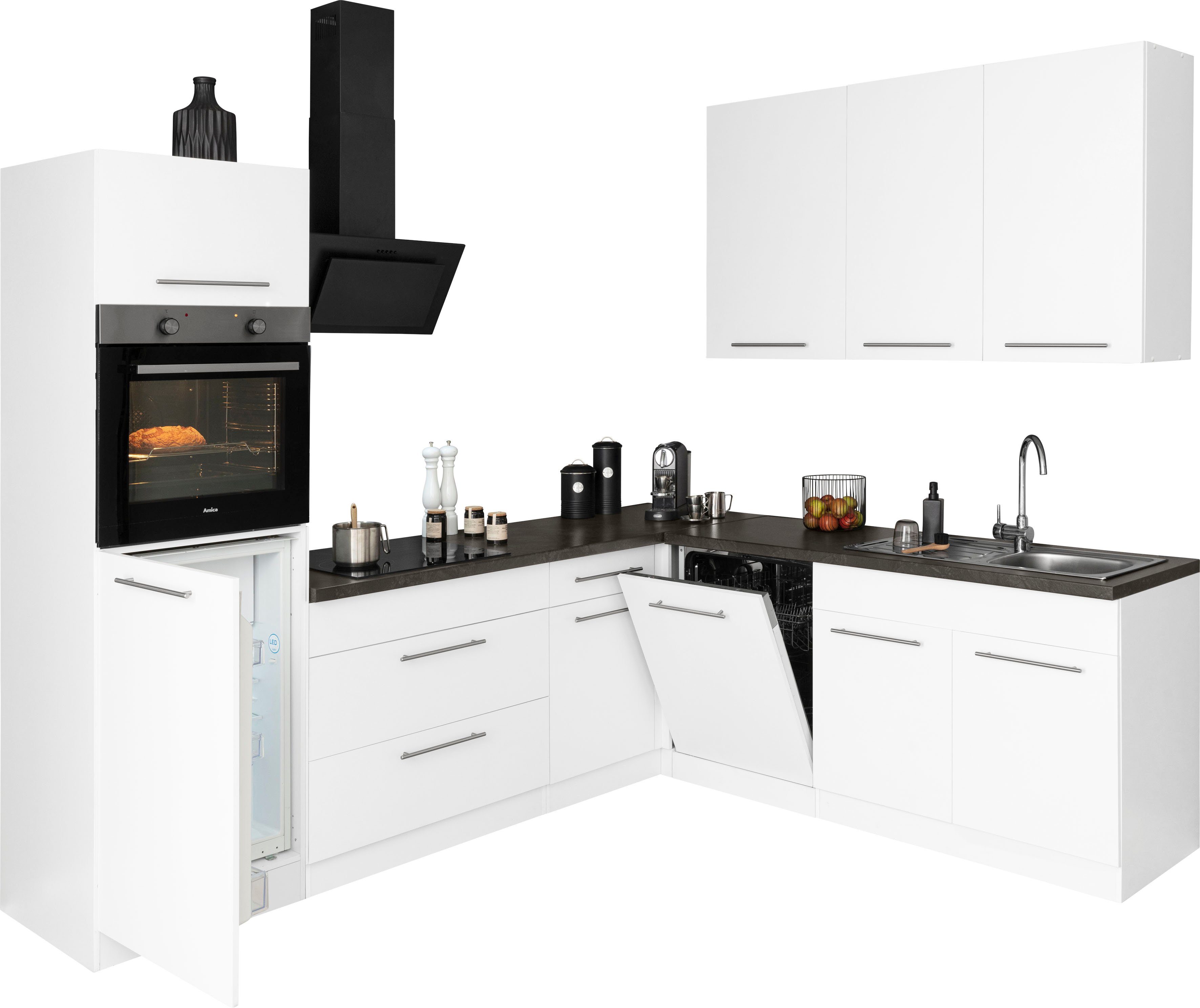 wiho Küchen Winkelküche Weiß/Granit mit 220 | Unna, Stellbreite x cm E-Geräten, weiß schwarz 260