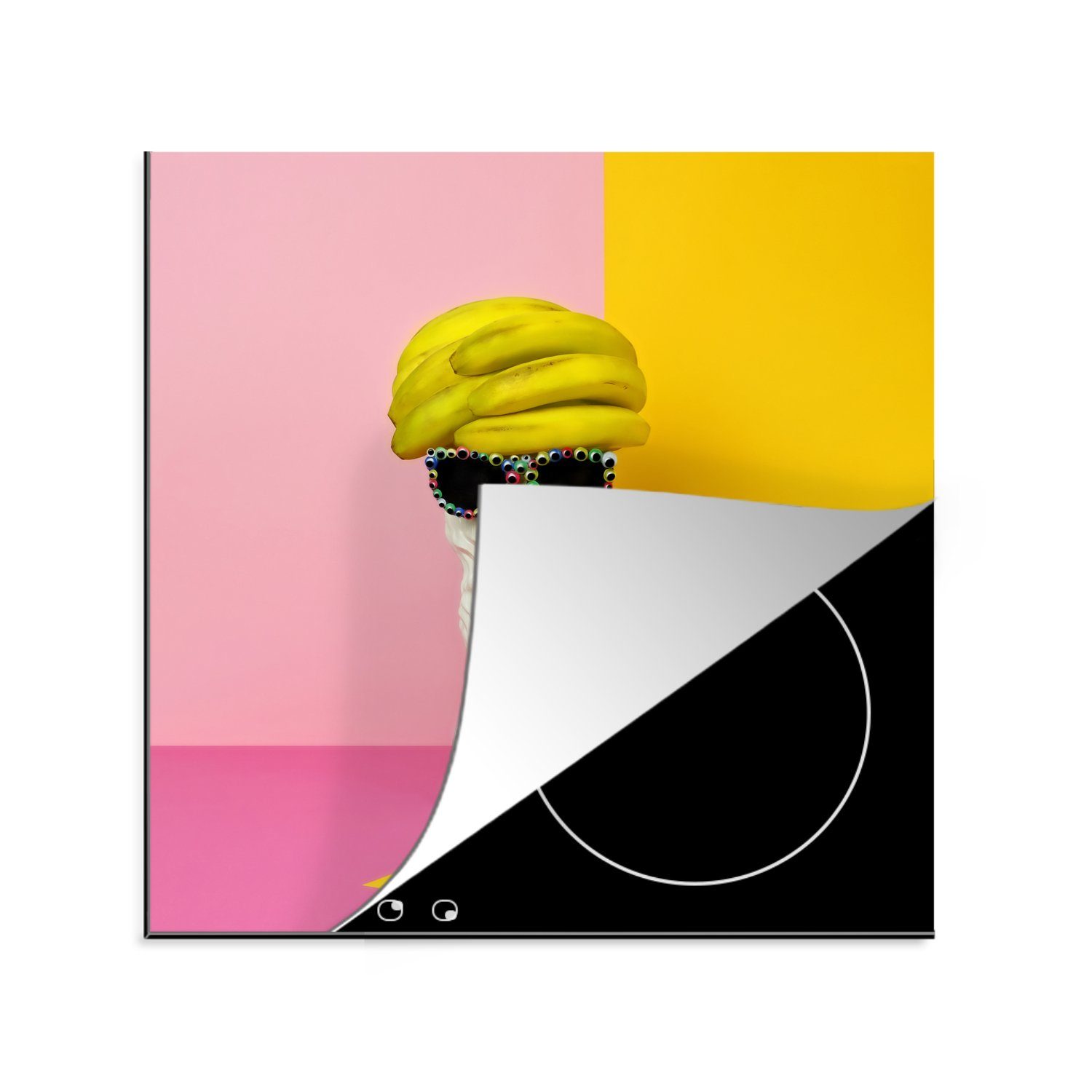 MuchoWow Herdblende-/Abdeckplatte Bananen - Katze - Rosa - Gelb, Vinyl, (1 tlg), 78x78 cm, Ceranfeldabdeckung, Arbeitsplatte für küche