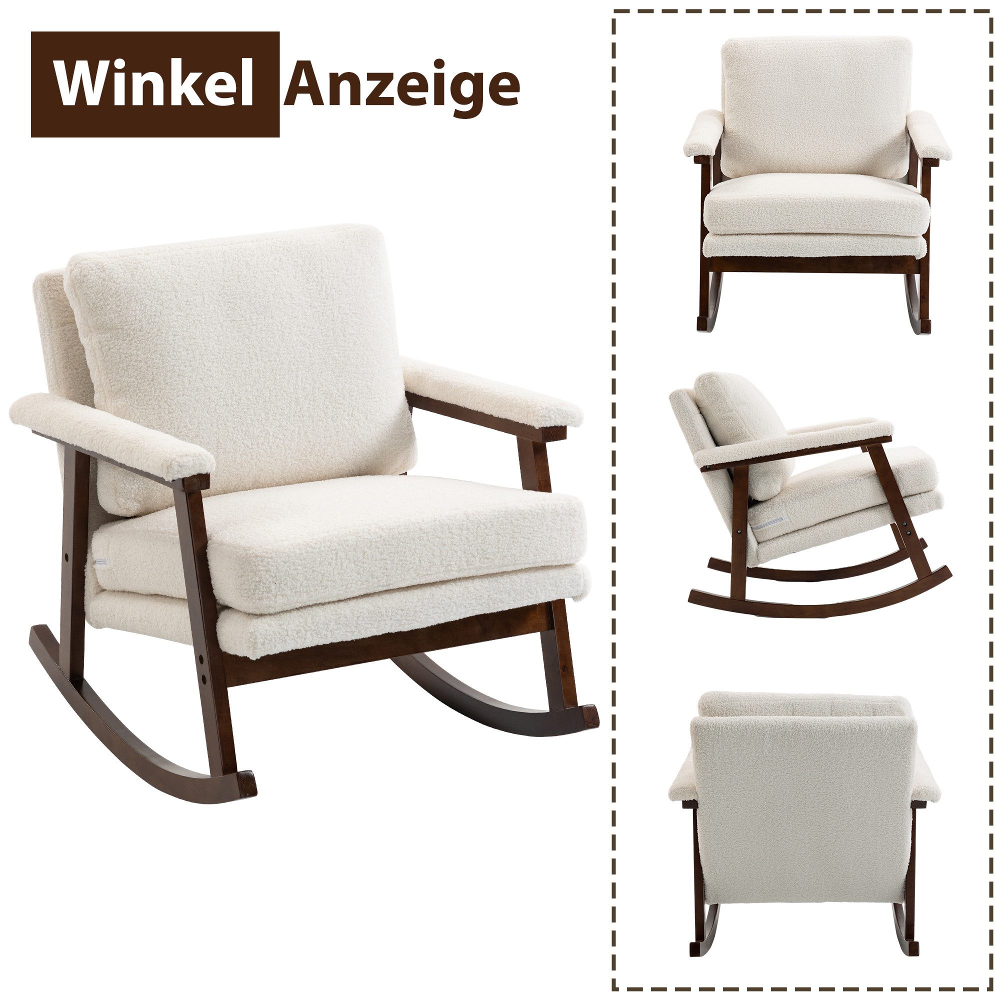 KLAM HOME Schaukelstuhl Mid-Century Schaukelstuhl mit Holzgestell und edlem Samtbezug (Komfortabler gepolsterter Lesesessel für Wohn- und Schlafzimmer), Stilvoller weißer Schaukelstuhl, perfekt zum Entspannen und Lesen