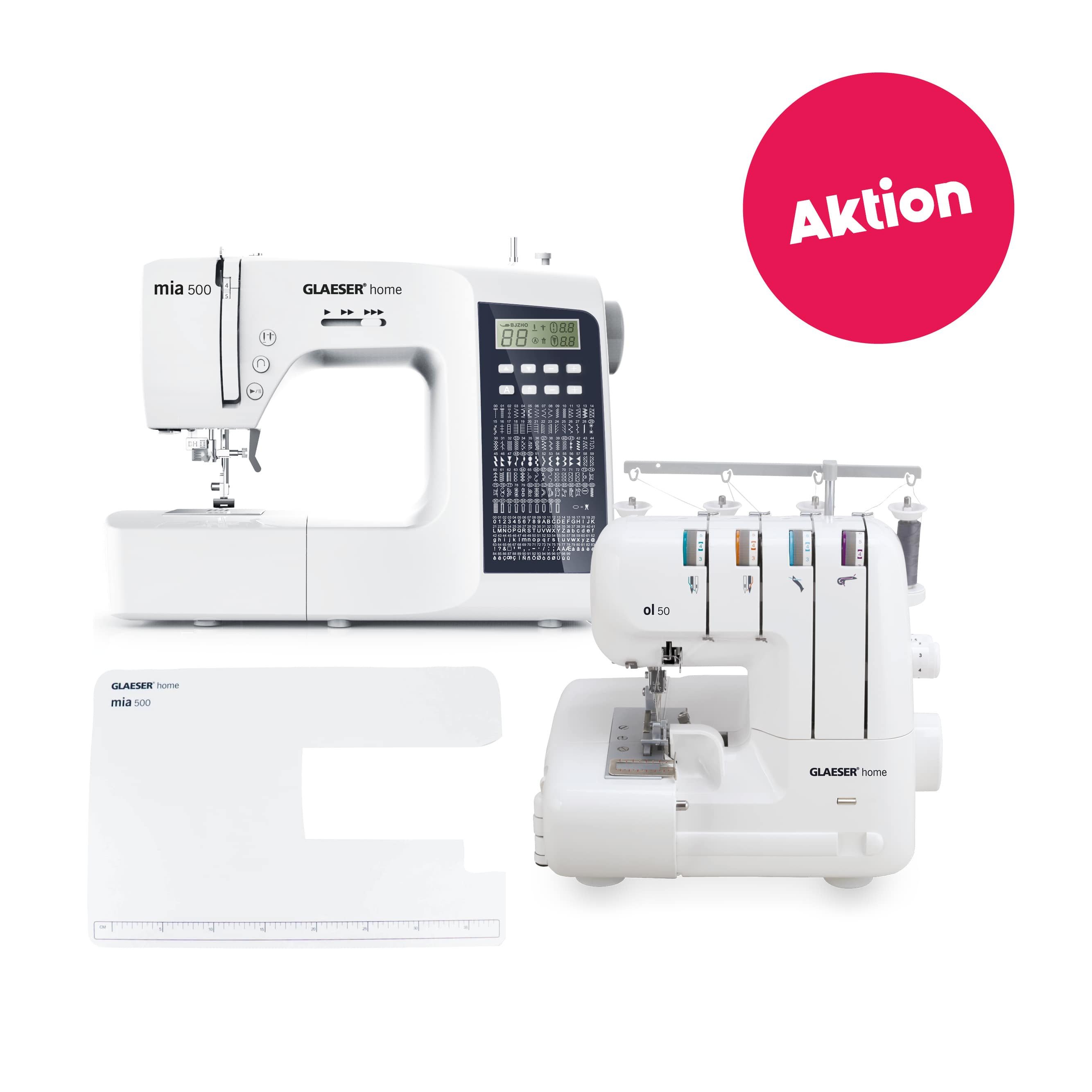 Nähmaschine GLAESERhome Pro-Bundle, ol50 + mia500 + Anschiebetisch