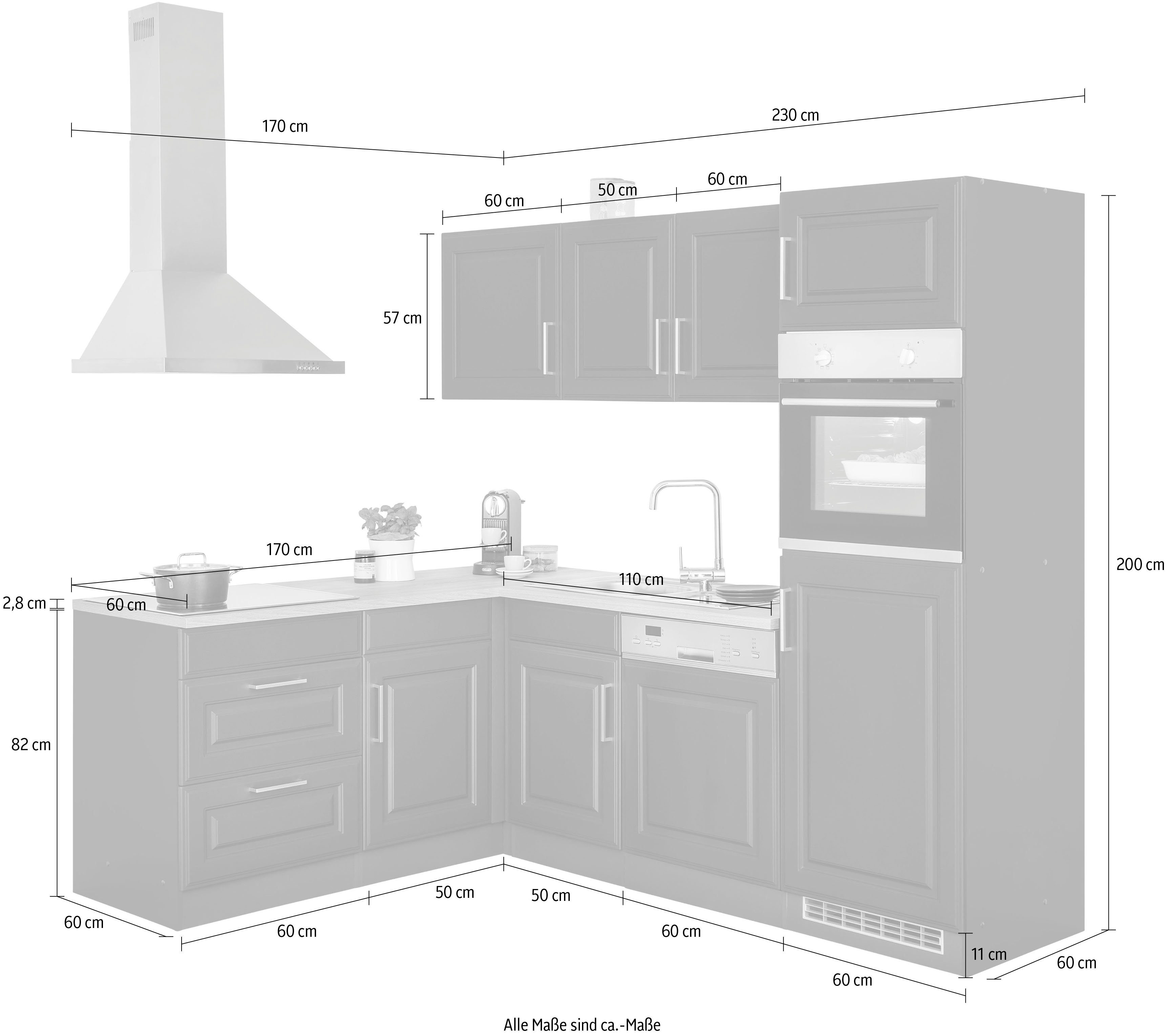 Coin cuisine KS-Stockholm – Cuisine avec façades de style campagnard de haute qualité et aux finitions soignées, dimensions 230x170 cm, électroménager en option, façades en MDF