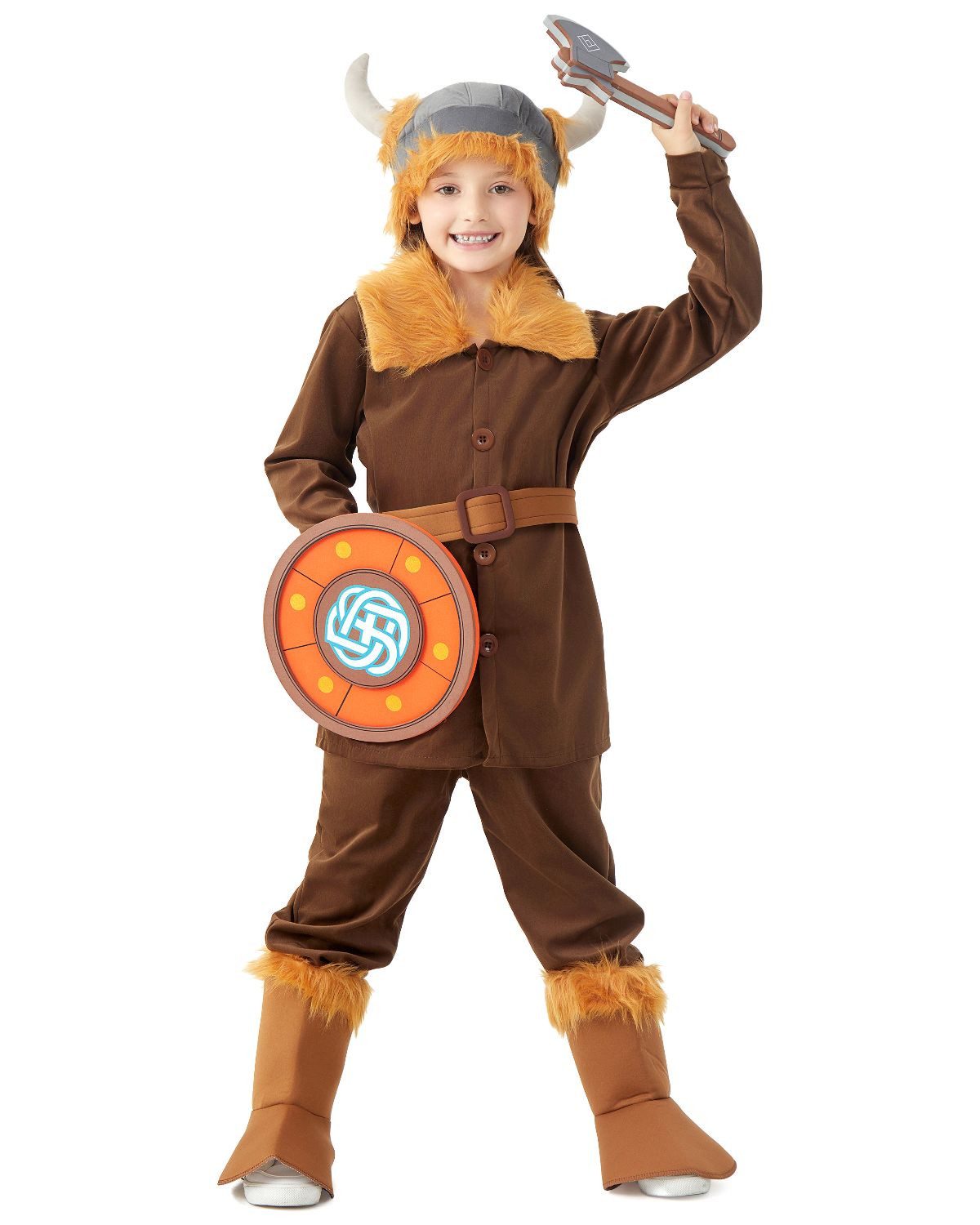 Corimori Ritter-Kostüm Wikinger Kostüm – Vikinger Verkleidung mit Zubehör, Vikinger Verkleidung mit Helm, Gürtel, Fellkragen, Axt & Schild