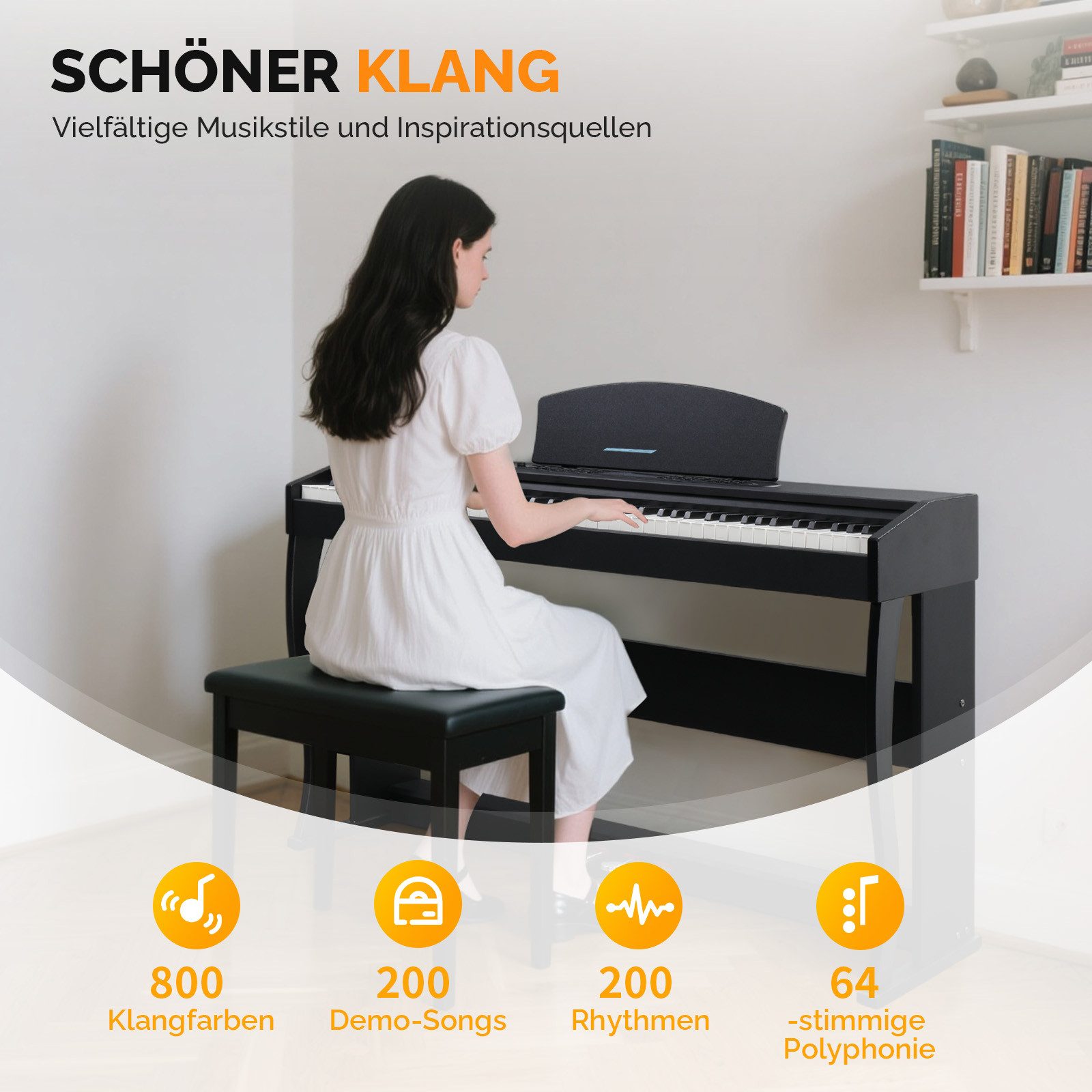 VINGLI Digitalpiano GDP-104 E Piano 88 Tasten, vollgewichtete Tastaturen, Dual Bluetooth, Digitalpiano mit Klavierständer, Weiß/Schwarz/Schwarznussbraun – Bild 3 von 5