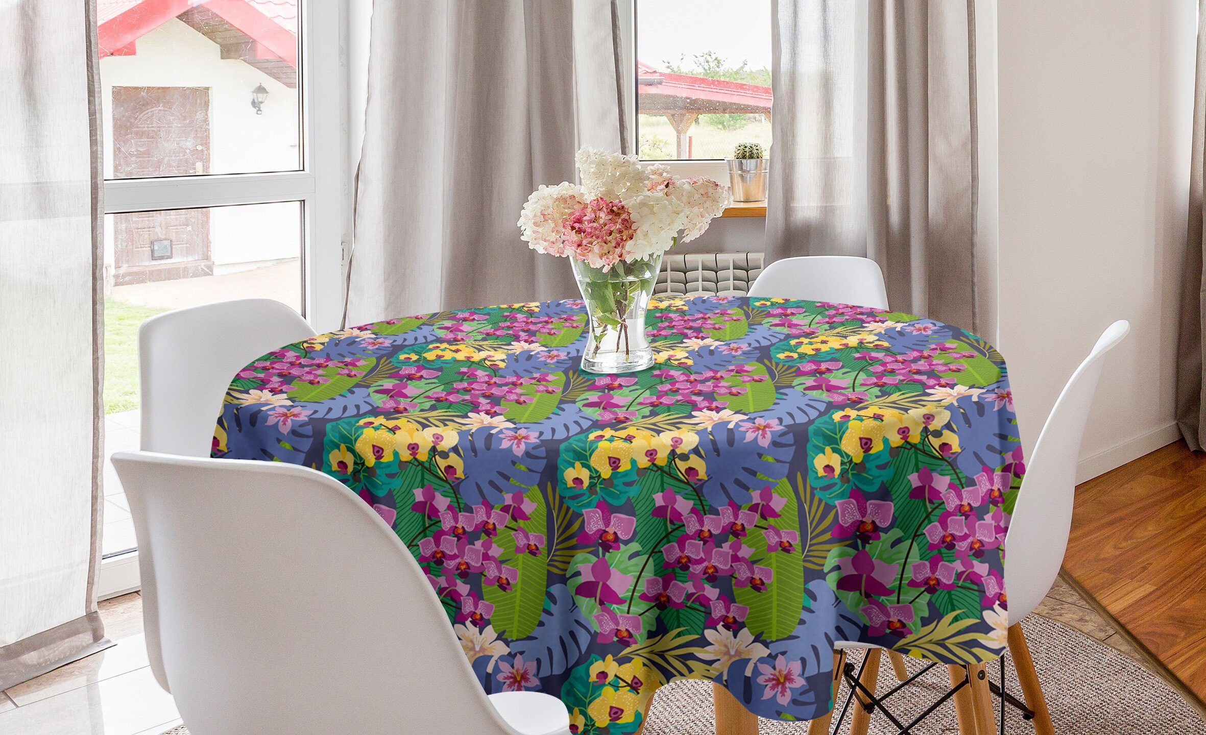 Abakuhaus Tischdecke Kreis Tischdecke Abdeckung für Esszimmer Küche Dekoration, Blumen Botanische Orchideen Blüten Blätter