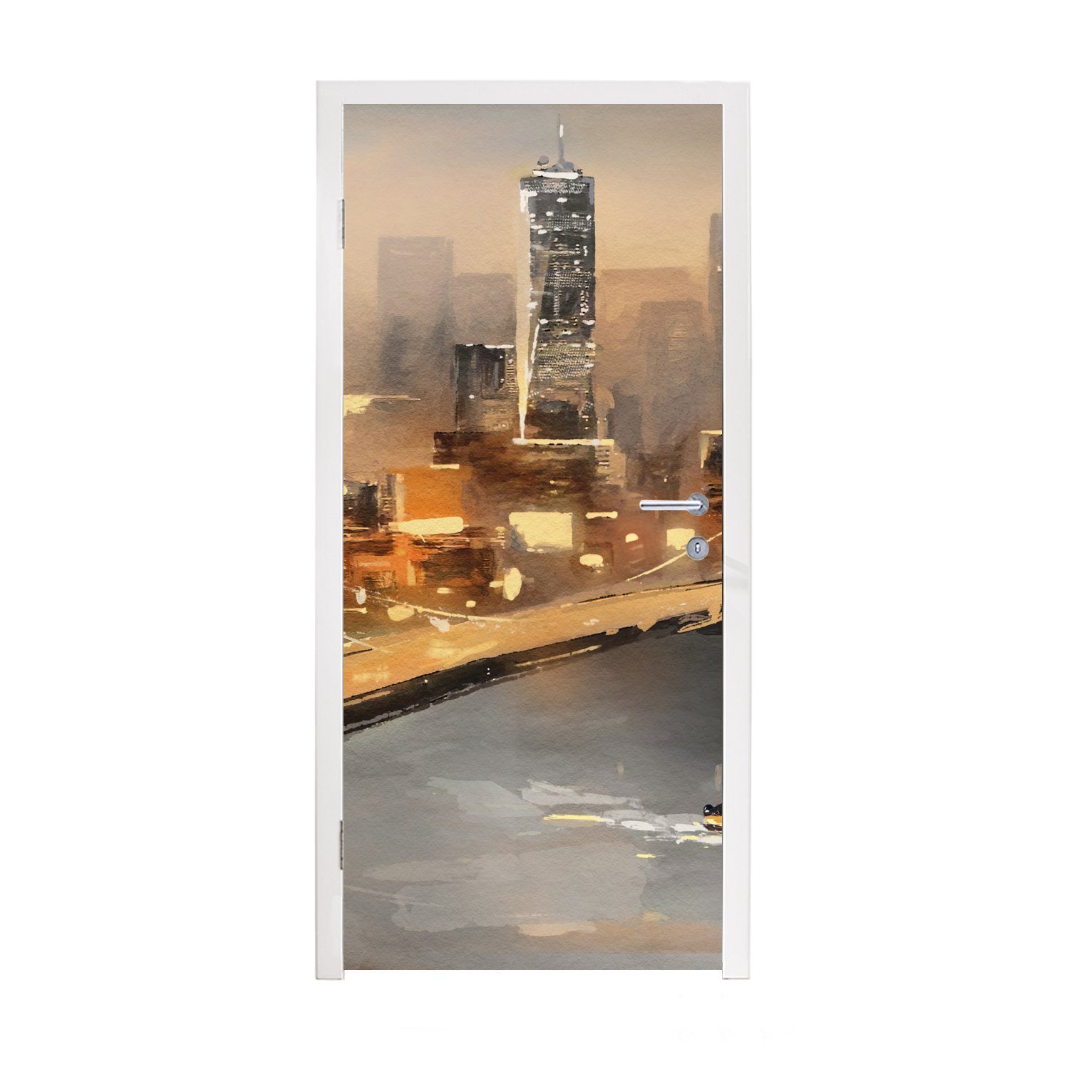 MuchoWow Türtapete Gemälde - Öl - Skyline - Stadt - Wasser, Matt, bedruckt, (1 St), Selbstklebende Tapete, Folie für Möbel, 75x205 cm