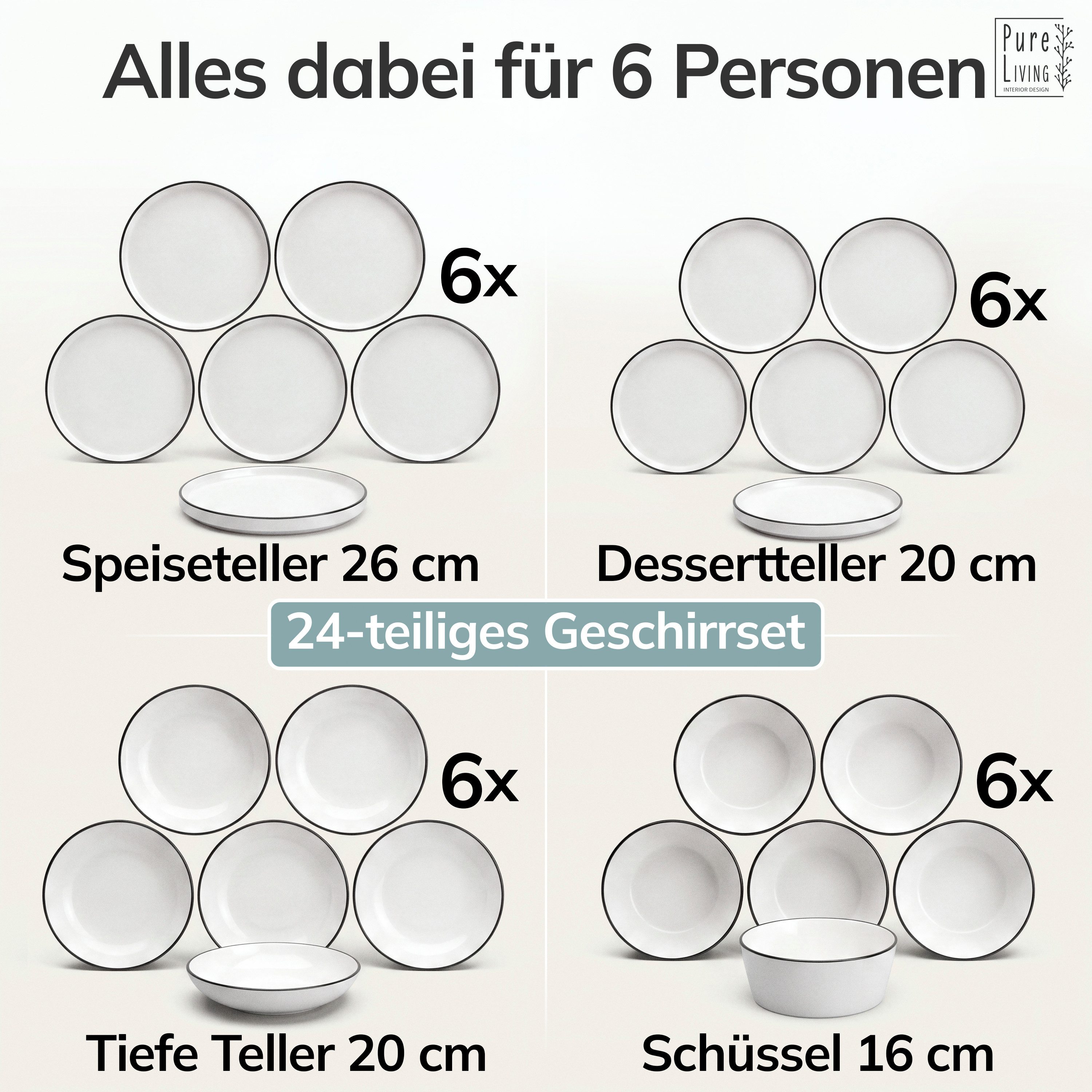 PURE LIVING INTERIOR DESIGN Geschirr-Set Scandi aus Porzellan, 24-tlg., für 6 Personen, Weiß - Schwarzer Rand (24-tlg), 6 Personen, Porzellan – Bild 5 von 5