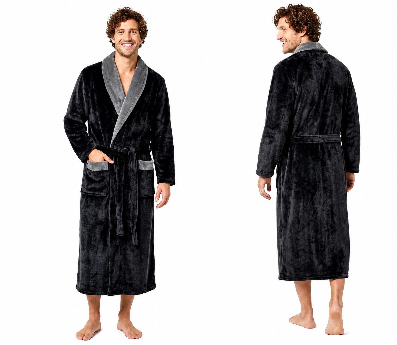 Rungassi Herrenbademantel Exklusiver Herren Bademantel Coral Fleece Schwarz-Grau Schalkragen, 100 % Polyester