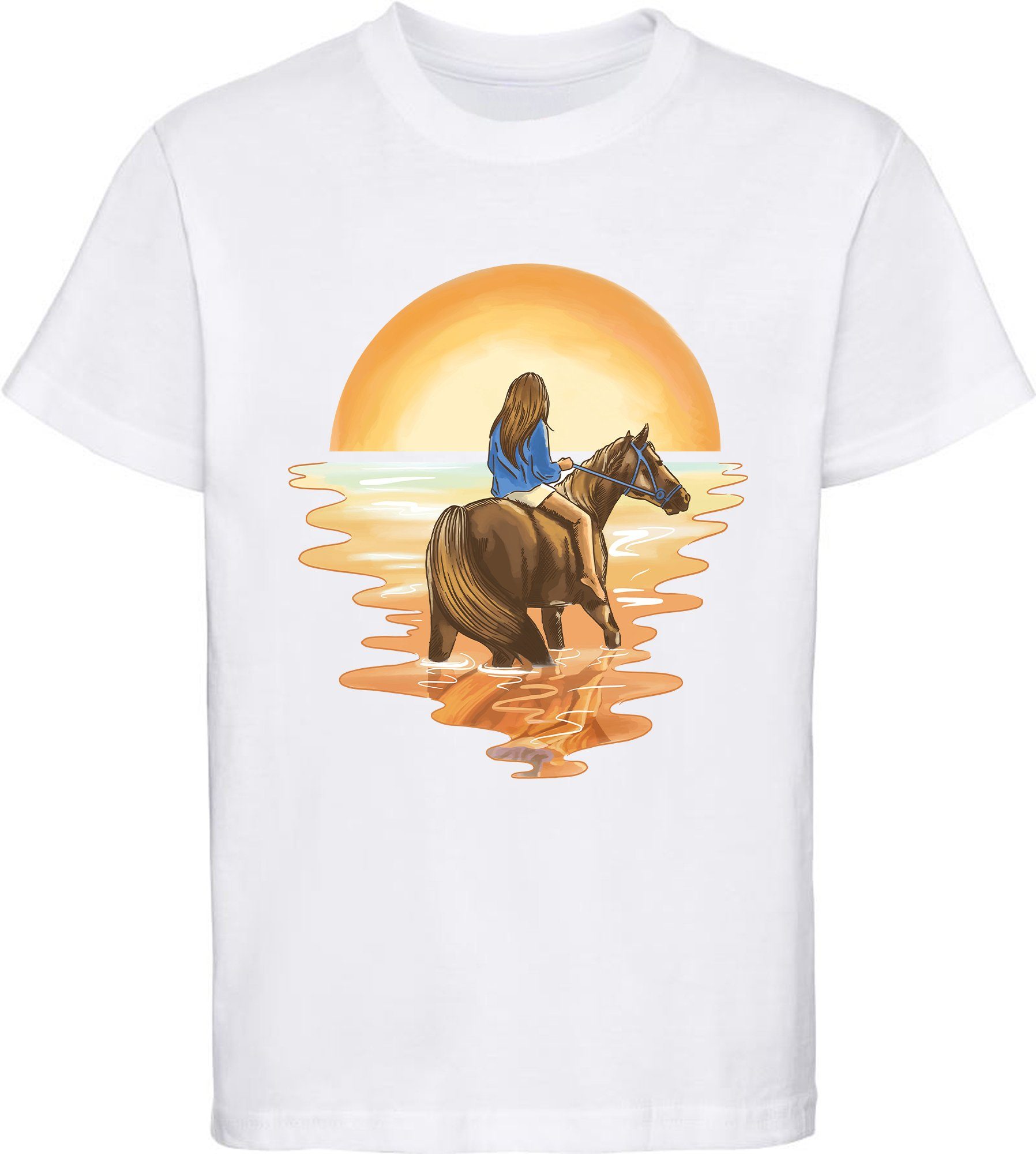 bedrucktes im Wasser mit Aufdruck, mit Print-Shirt Baumwollshirt weiss T-Shirt Pferd i140 Mädchen Reiterin MyDesign24