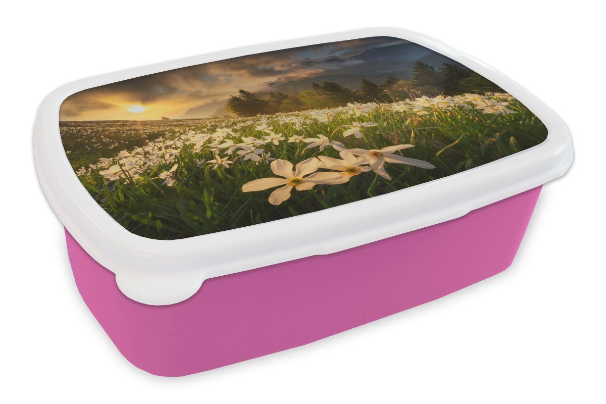 MuchoWow Lunchbox Blumenfeld - Hügel - Sonnenuntergang - Berg - Natur - Weiß - Hügel, Kunststoff, (2-tlg), Brotbox für Erwachsene, Brotdose Kinder, Snackbox, Mädchen, Kunststoff rosa