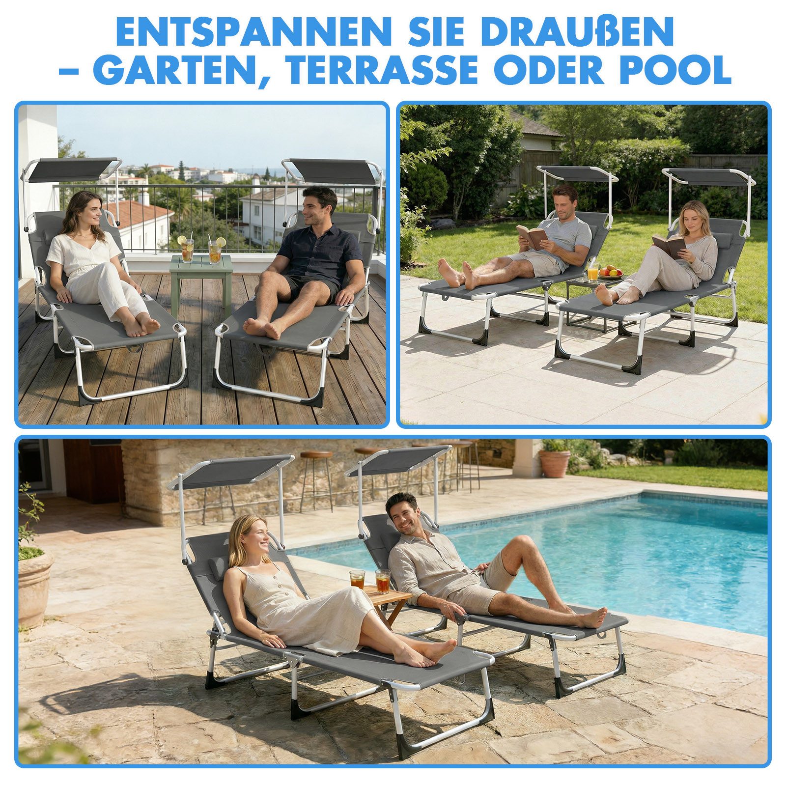 Huracan Gartenliege Sonnenliege mit Dach, Gartenliege mit Kopfkissen&Seitentasche, 2 St., Sonnenliege klappbar für Strand, Extra Breiter Liegefläche, Verstellba – Bild 4 von 5