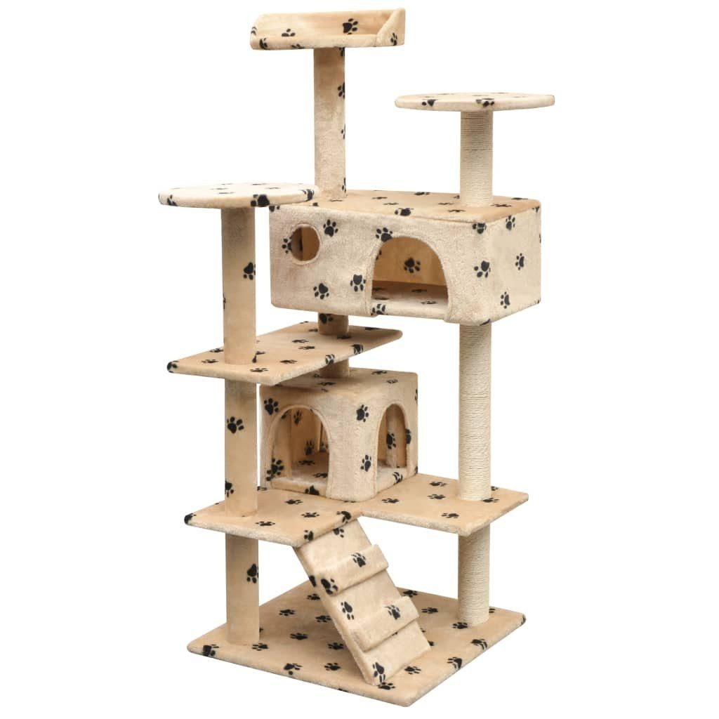 vidaXL Kratzbaum aus Polyester in Beige mit schwarzem Pfoten-Aufdruck