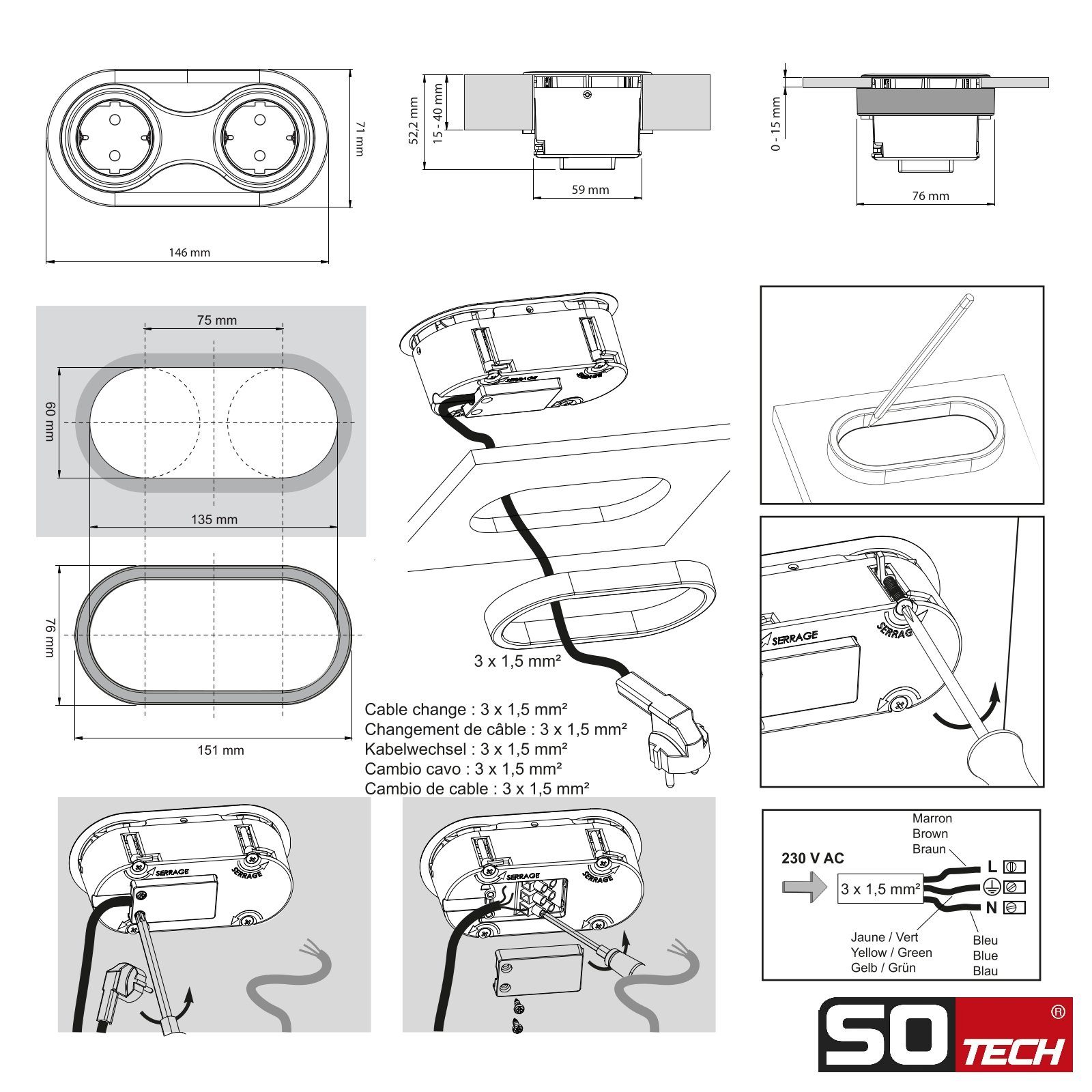 SO-TECH® Einbau Kabel Stecker und Einbau-Tischsteckdose, Doppelsteckdose Edelstahloptik, mit oval, Tischsteckdose