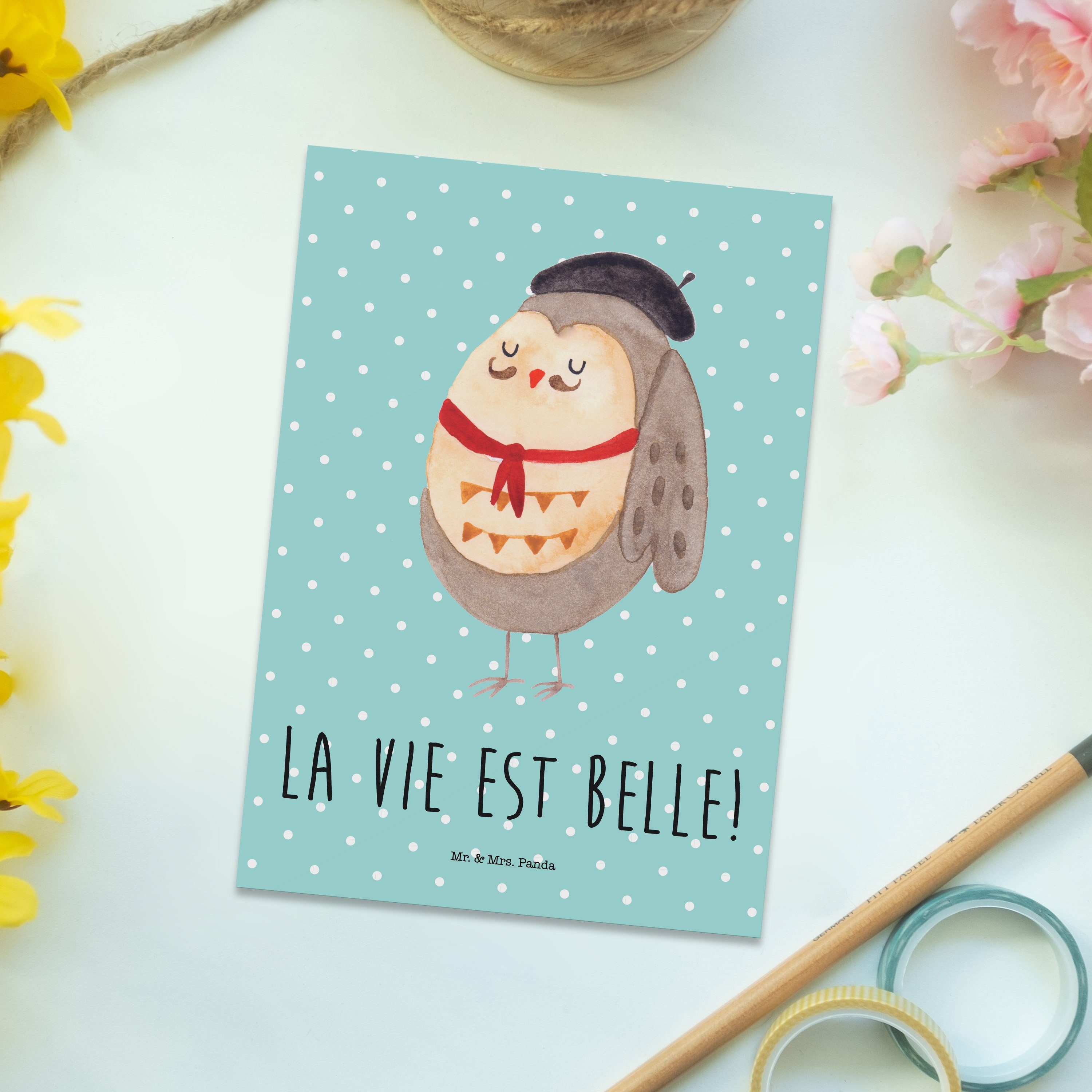 Französisch Pastell Postkarte Geschenkkarte, Panda Eule Geburtst Mr. - & Türkis Mrs. Geschenk, -