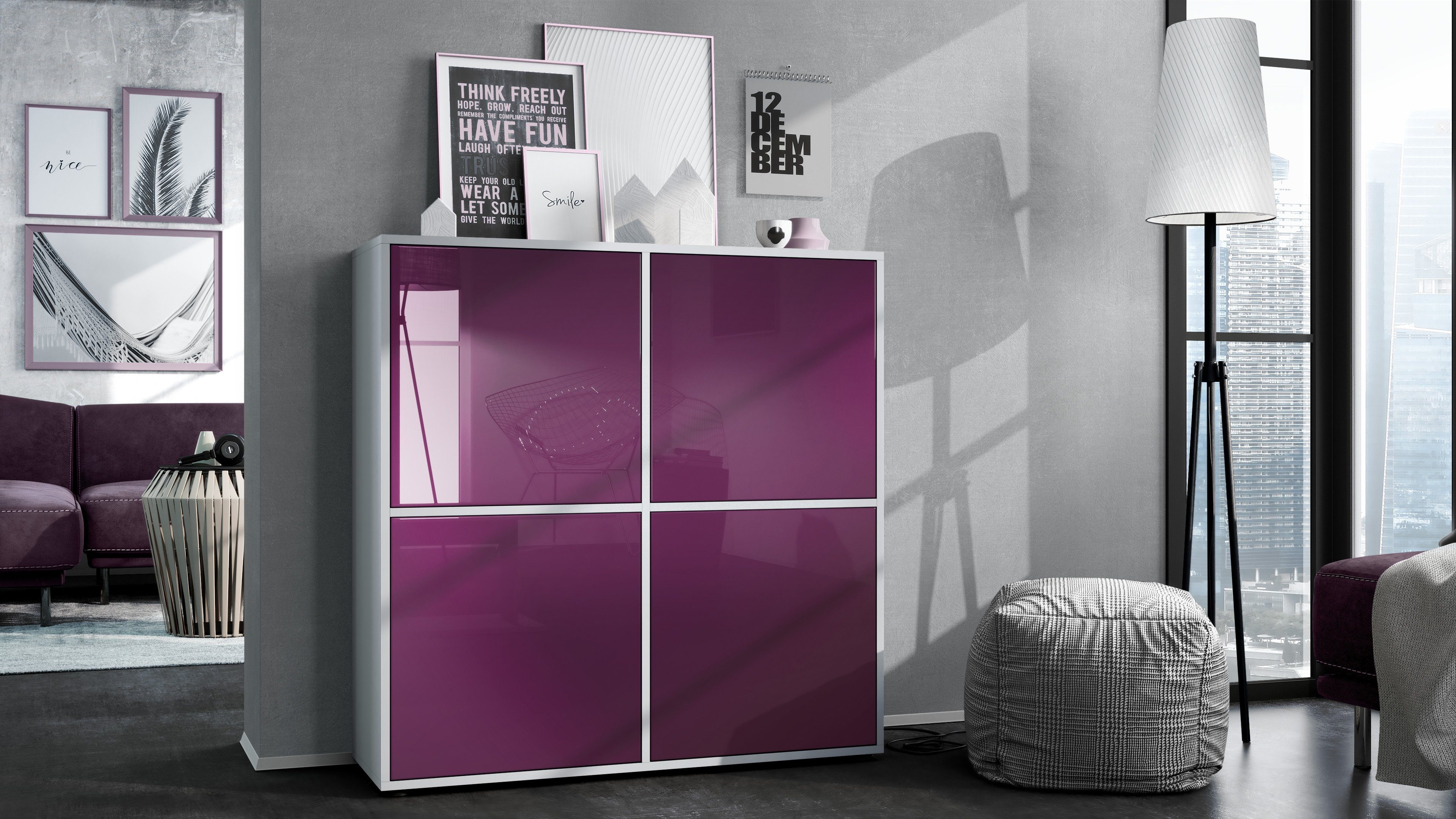Vladon Highboard Cuba V2 (Schrank, 104 x 105,5 x 35,5 cm Sideboard mit 8 Fächern), Korpus in Weiß matt / Fronten in Brombeer Hochglanz