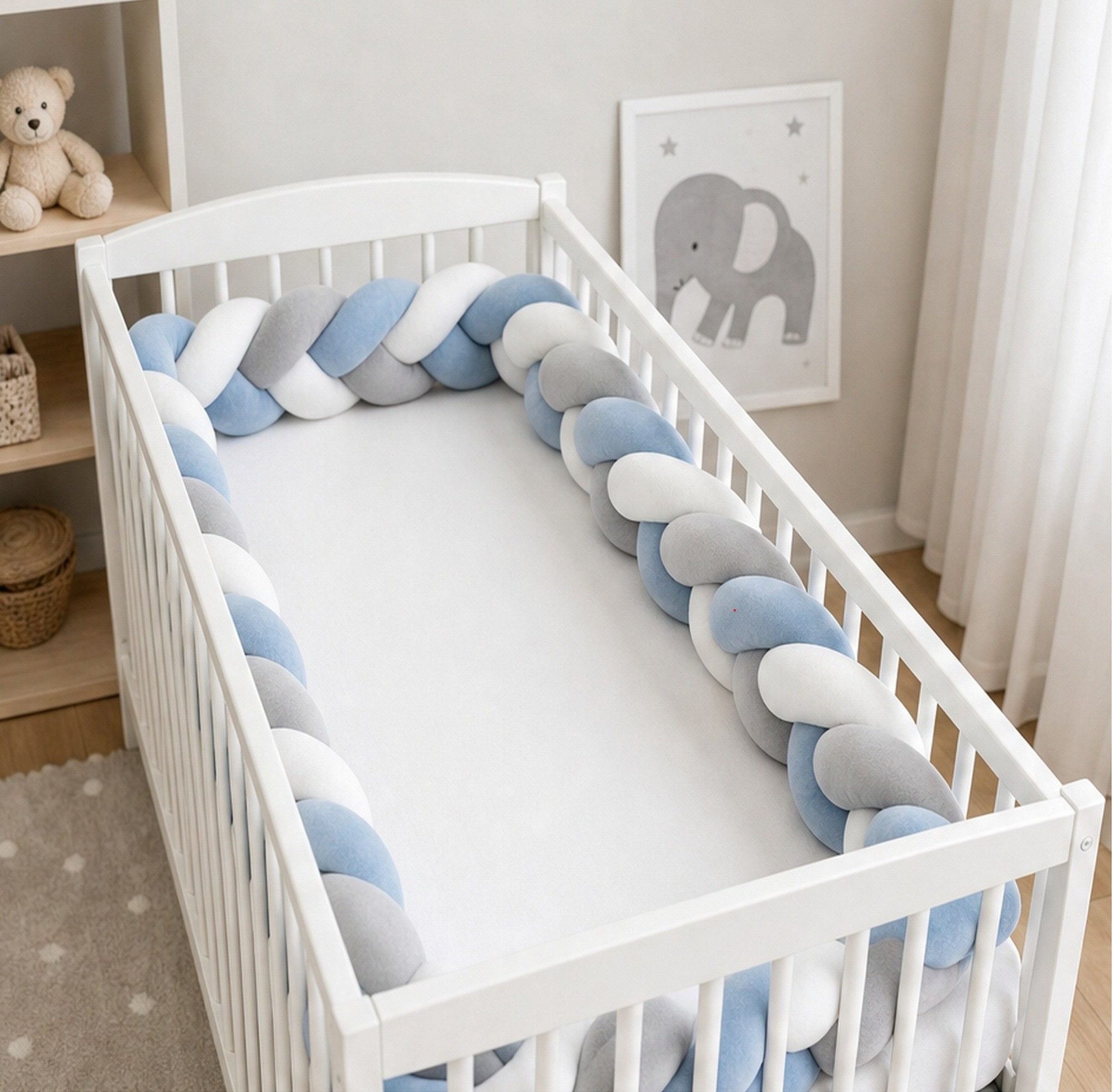 LuMali Nestchenschlange Bettschlange geflochten 210cm Nestchen Bettumrandung Babybett Zopf, Stillkissen Seitenschläfer Velour weich hypoallergen Pastellfarben
