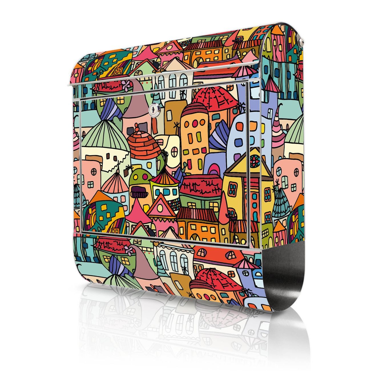 banjado Wandbriefkasten Edelstahl mit Motiv Funky Town (Wandbriefkasten groß, mit Zeitungsfach), 38 x 42,5 x12 cm