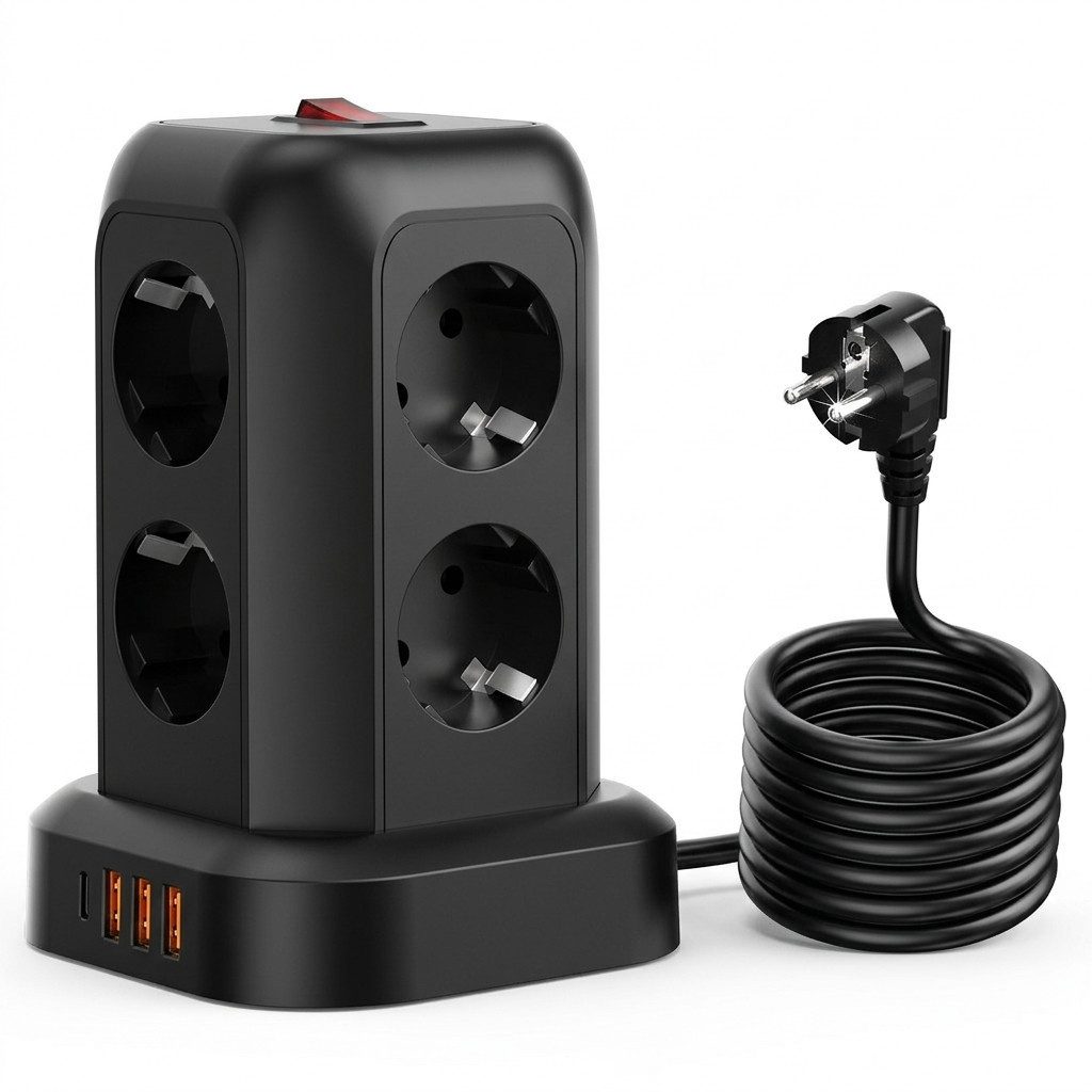 PRIISF 8-fach Steckdosenturm USB C Steckdosenleiste 3 USB A Steckdosenwürfel Mehrfachsteckdose (12-in-1 Überspannungsschutz Steckdosen in 90° & 45°-Anordnung, Steckdosentower mit USB A&C Ladestation, Kabellänge 1.8 m), mit Schalter Mehrfachsteckdose Steckerleiste für Büro Hause Reisen