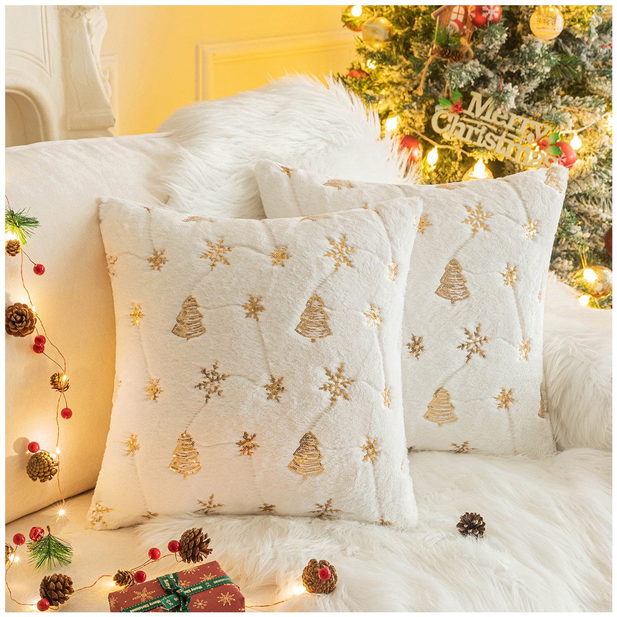 Qelus Kissenbezüge Kissenbezug Weihnachtsbaum Schneeflocke Bestickt Kissenbezüge 45x45cm, (2 Stück)