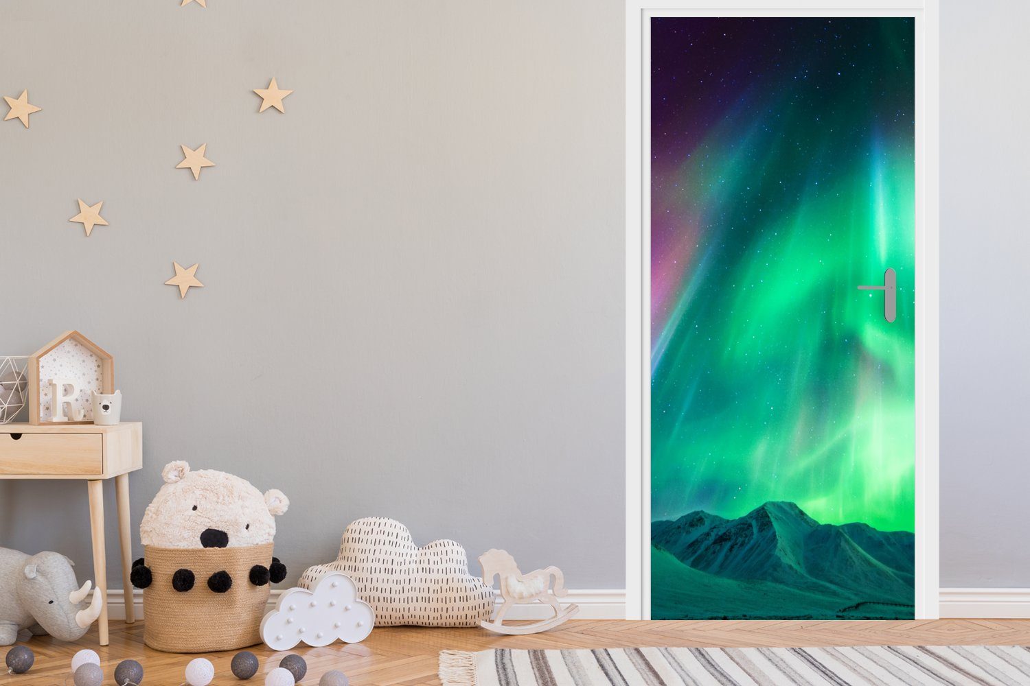 MuchoWow Türtapete Nordlichter - Tür, (1 Alaska Matt, Berge, bedruckt, Fototapete St), cm Türaufkleber, 75x205 für 
