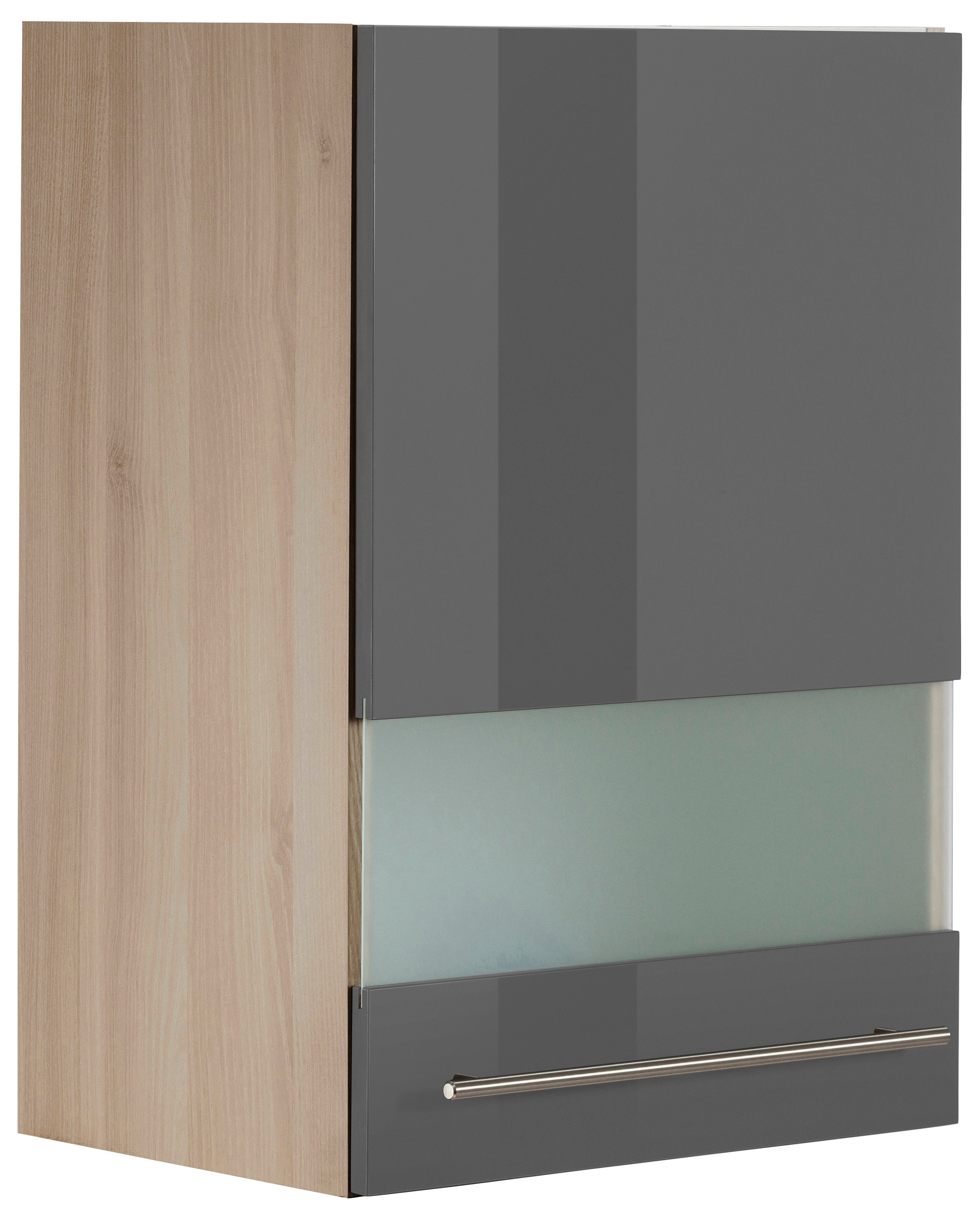 OPTIFIT Glashängeschrank Bern Breite 50 cm, Front mit Milchglas-Einsatz, mit Metallgriff grau Hochglanz/akaziefarben | akaziefarben