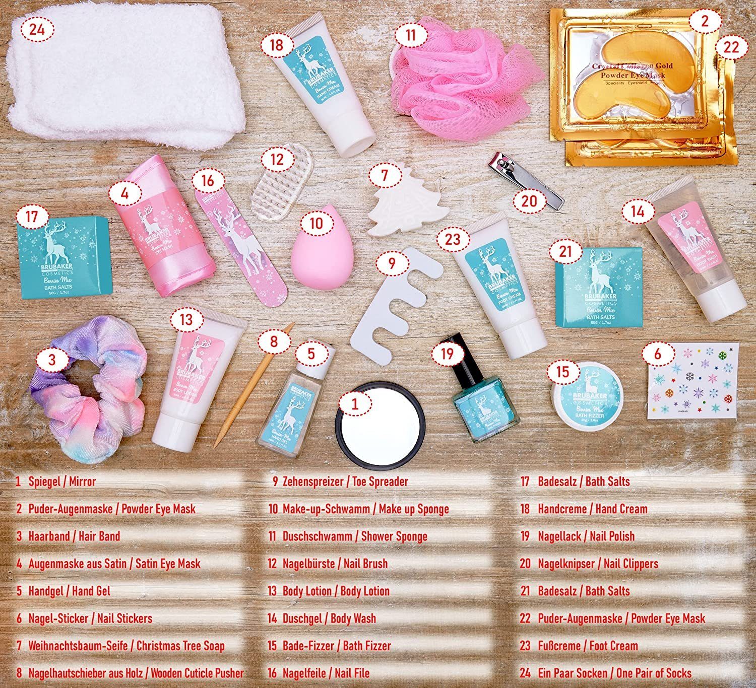 BRUBAKER Adventskalender XXL Beauty Adventskalender - Mint Blau - 24 x Körperpflege & Spa (Merry Christmas, 24-tlg), Wellness Weihnachtskalender für Frauen und Mädchen