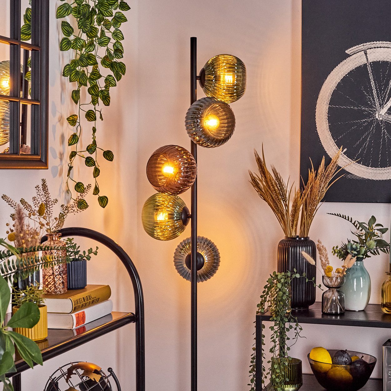 hofstein Stehlampe Stehlampe aus Metall/Riffelglas in Schwarz/Grün/Blau/Kupfer, E14, ohne Leuchtmittel, Stehleuchte im Retro-Design mit Glasschirmen u. Fußschalter (15 cm)