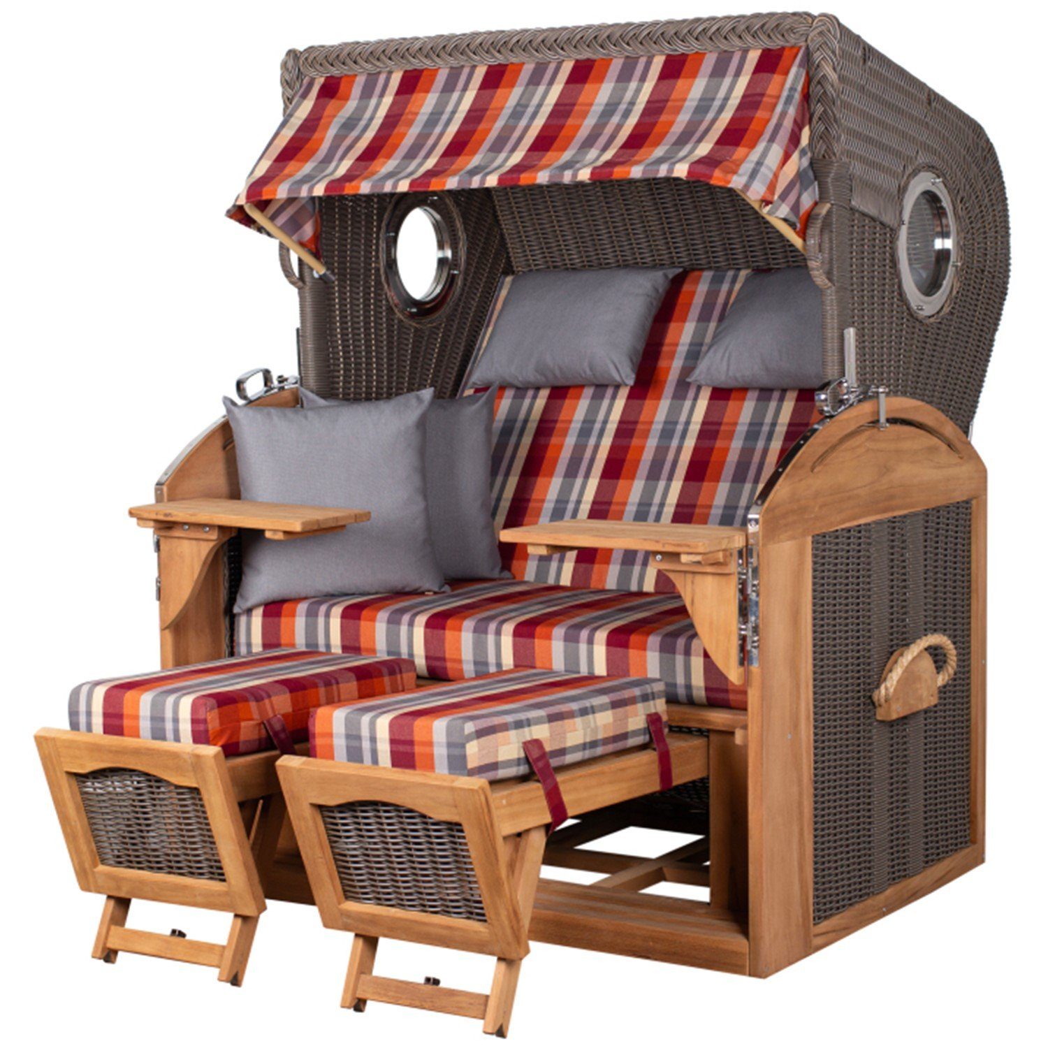 bene living Strandkorb Borkum XL Teak - PE grau - Modell 584, BxTxH: 142x95x170 cm, Volllieger ca. 180 Grad, Nordsee-Strandkorb Komplettset, inkl. Liftersystem und Bullaugen