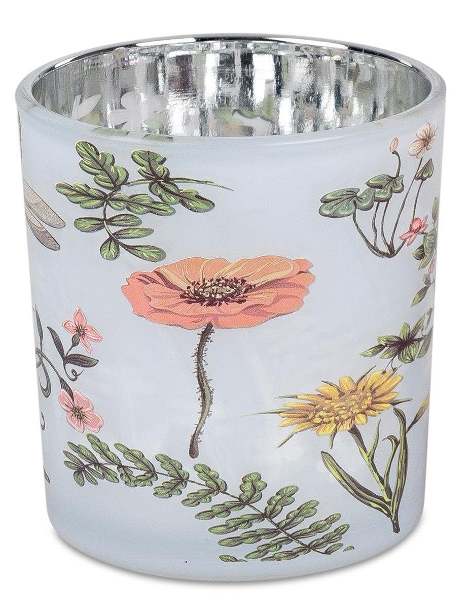 dekojohnson Windlicht Windlicht-Glas mit Blumendekor bunt weiß silber | Windlichter