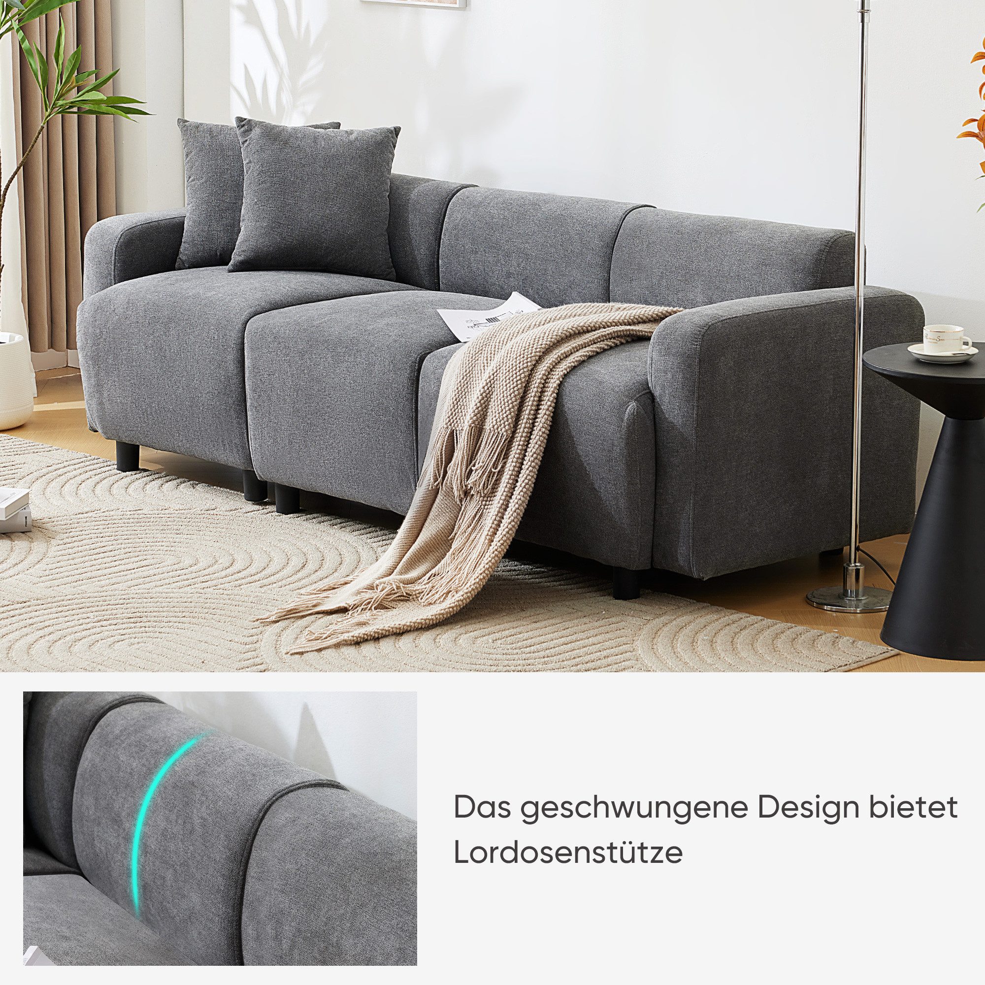 3-Sitzer, aus Chenille-Stoff mit 2 Kissen, 211 x 80 x 71 cm, modulare Couch