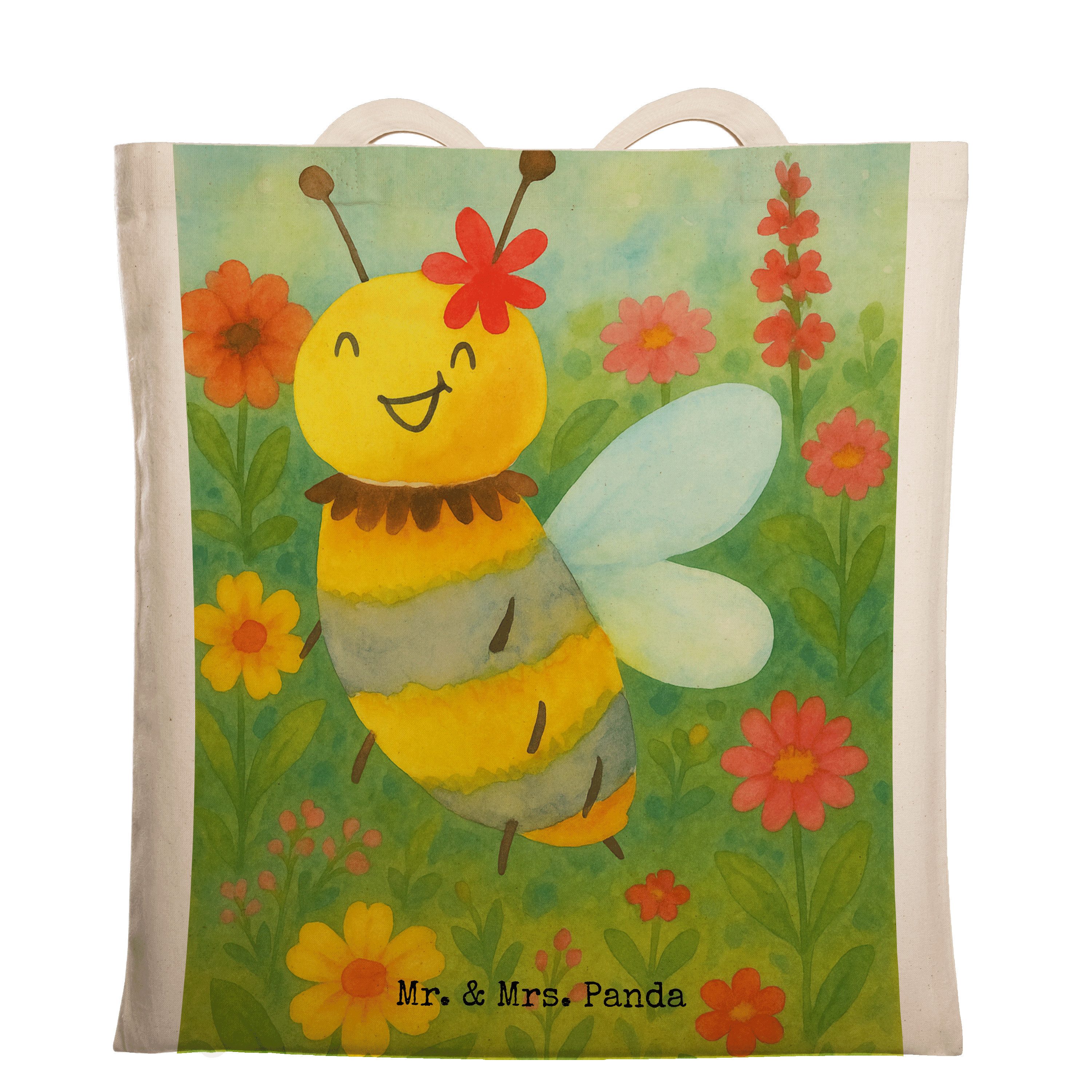 Mr. & Mrs. Panda Tragetasche Biene Blume Design, Tote Bag, Weiß, tragetasche baumwolle, Büchertasc (Packung), universaltasche canvas tasche henkeltasche baumwolle