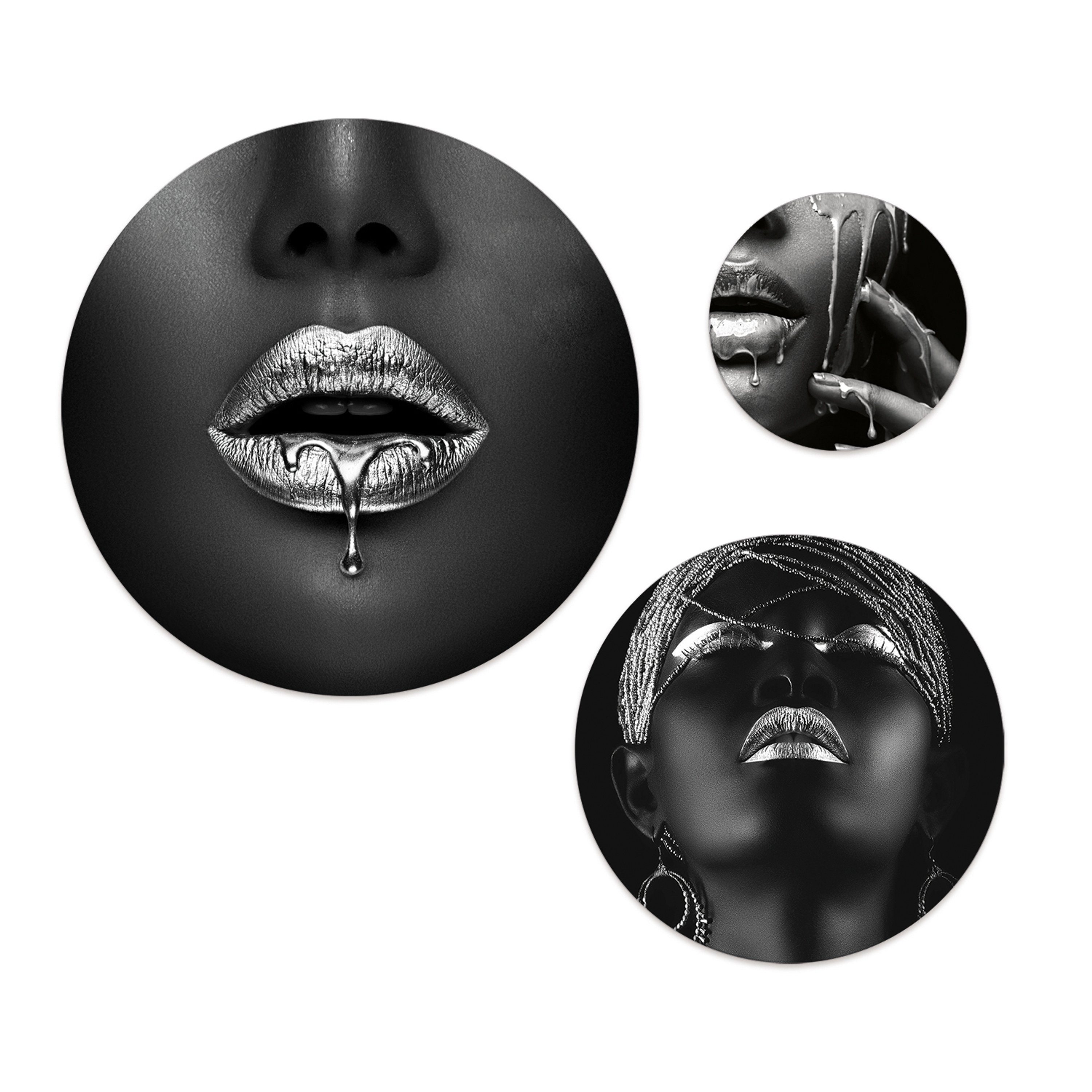 artissimo Mehrteilige Bilder mehrteiliges Wandkreise rund Lippen silber Frauen Bilder-Set 3 schwarz Wandbilder Fashion, Erotik