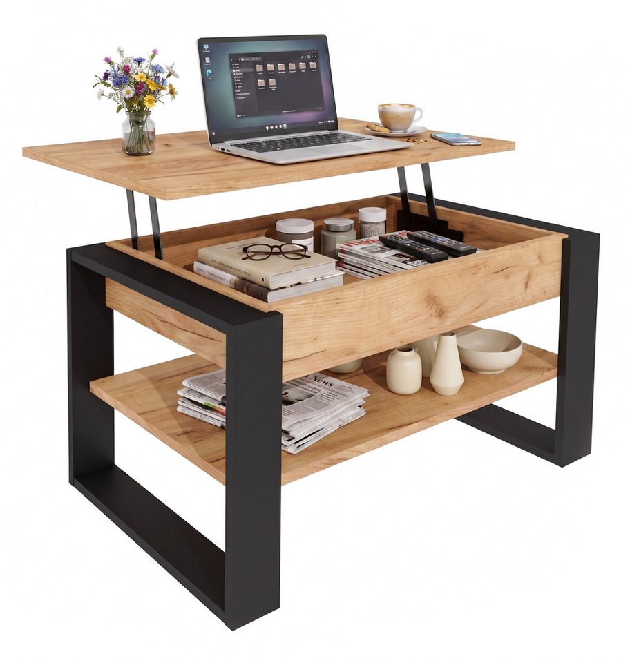 TREND WERK Couchtisch Lift-Couchtisch höhenverstellbar Sofatisch 92×55 cm mit Stauraum (verstecktem Fach Wohnzimmertisch Holz modern)