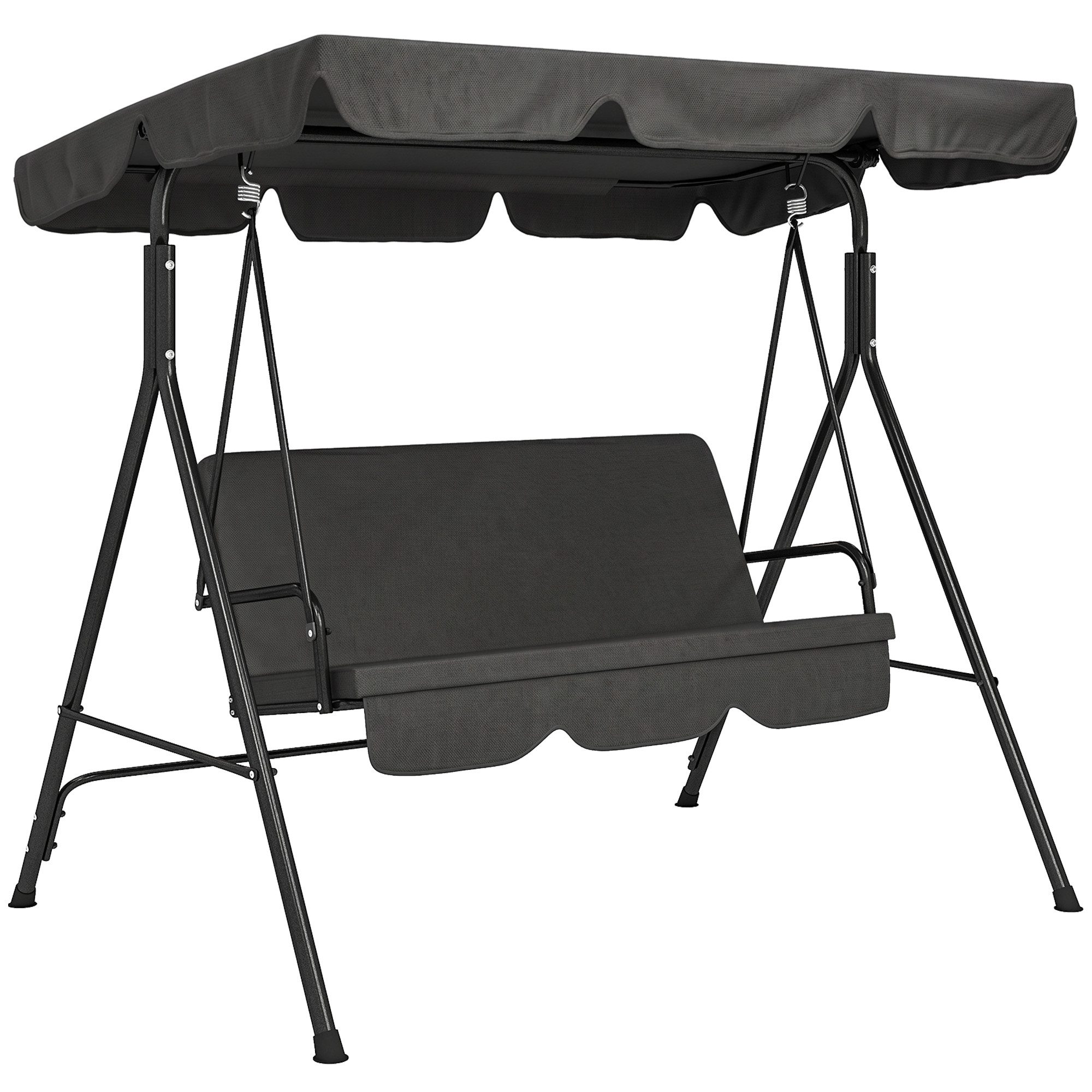 Outsunny Hollywoodschaukel Gartenschaukel, verstellbar, Schaukelbank belast bis 200 kg, 3-Sitzer, mit verstellbarem Dach, Schwingbank, 1 tlg., Gartenschaukel, Stahl Schwarz 172 x 110 x 153 cm