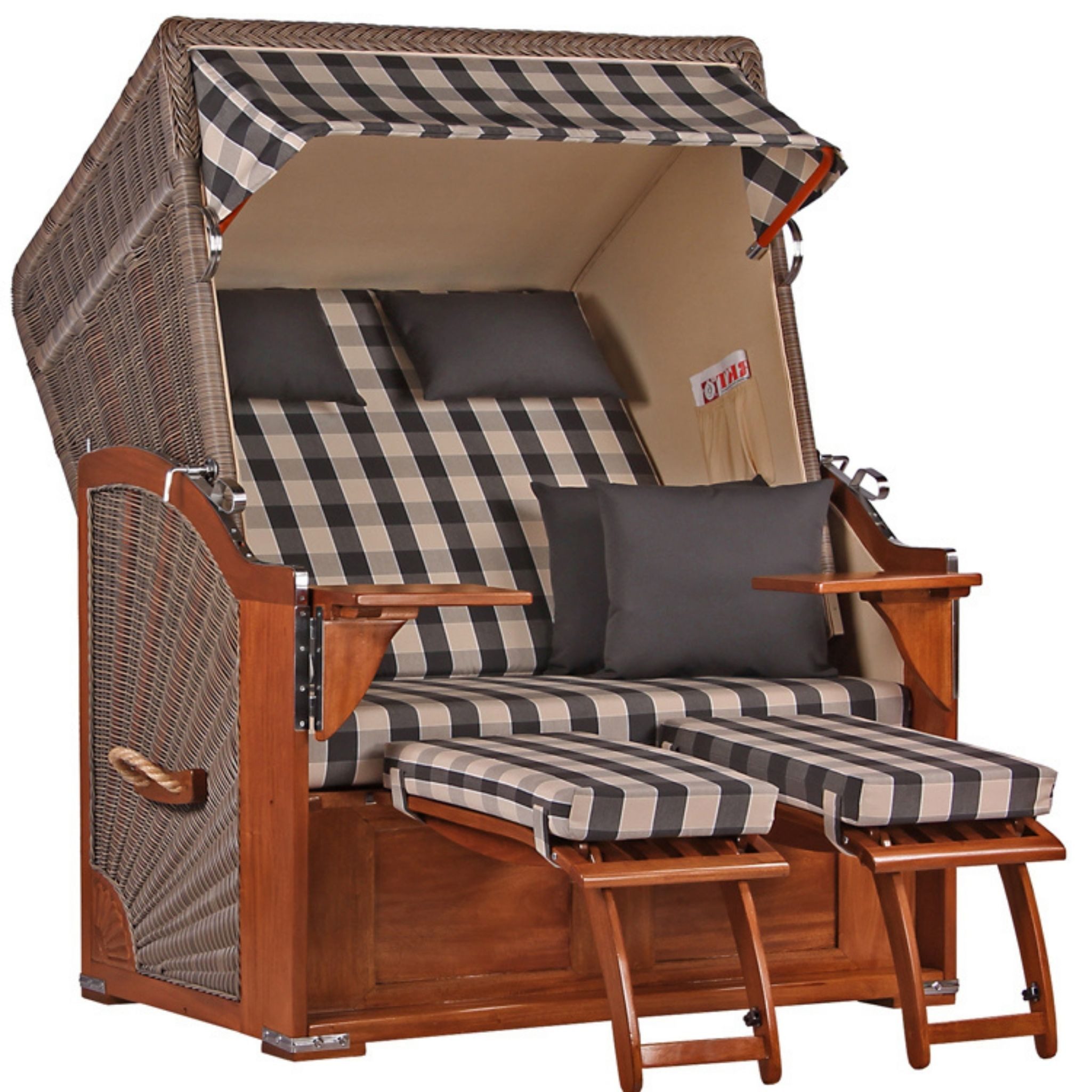 MR.DEKO Strandkorb 2-Sitzer Seeblick Vollholz PE Grey Volllieger, BxTxH: 125x80x170 cm, Volllieger, Seeblick, (Zweisitzer als Volllieger für Balkon und Garten), der Strandkorb mit einhängbaren Fußablagen, wetterfest