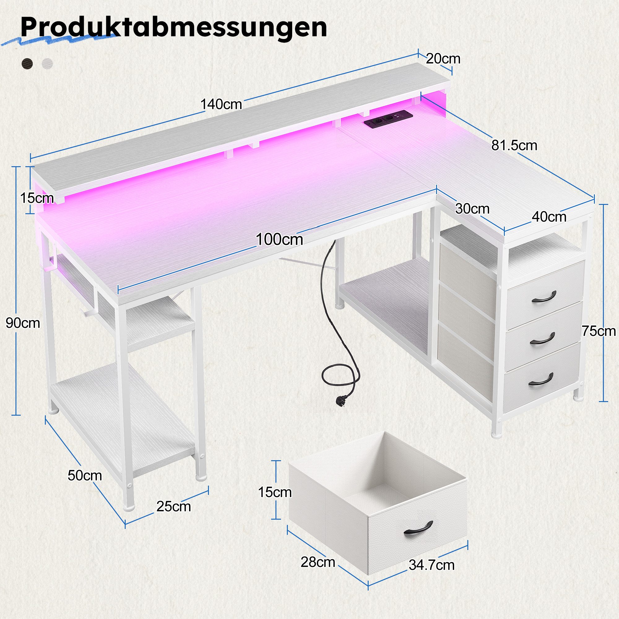 Klyvvo Schreibtisch mit 3 Schubladen, Gaming Schreibtisch L Form mit LED (1-St), mit Stauraum für Homeoffice und Gaming, Weiß